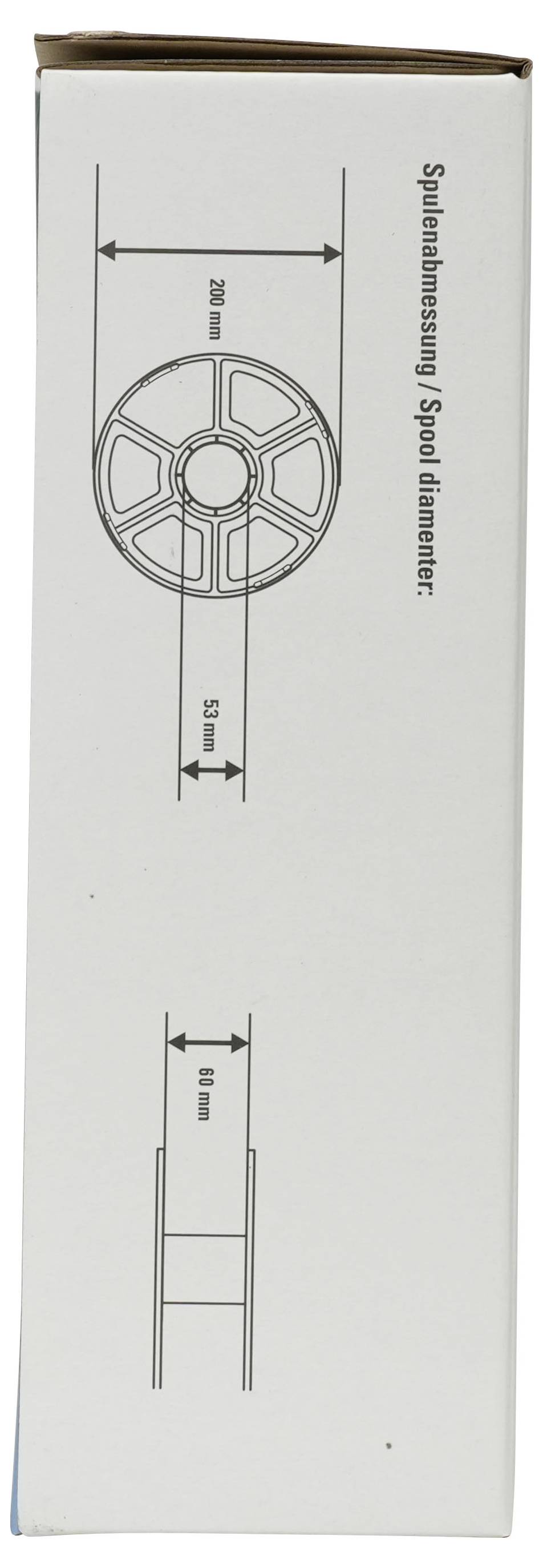 Seitenansicht einer Spulenkernbox mit Abmessungen: 88 mm Durchmesser, 53 mm Breite und 8 mm Lochdurchmesser, bezeichnet mit „Spulabmessung / Spulendurchmesser".