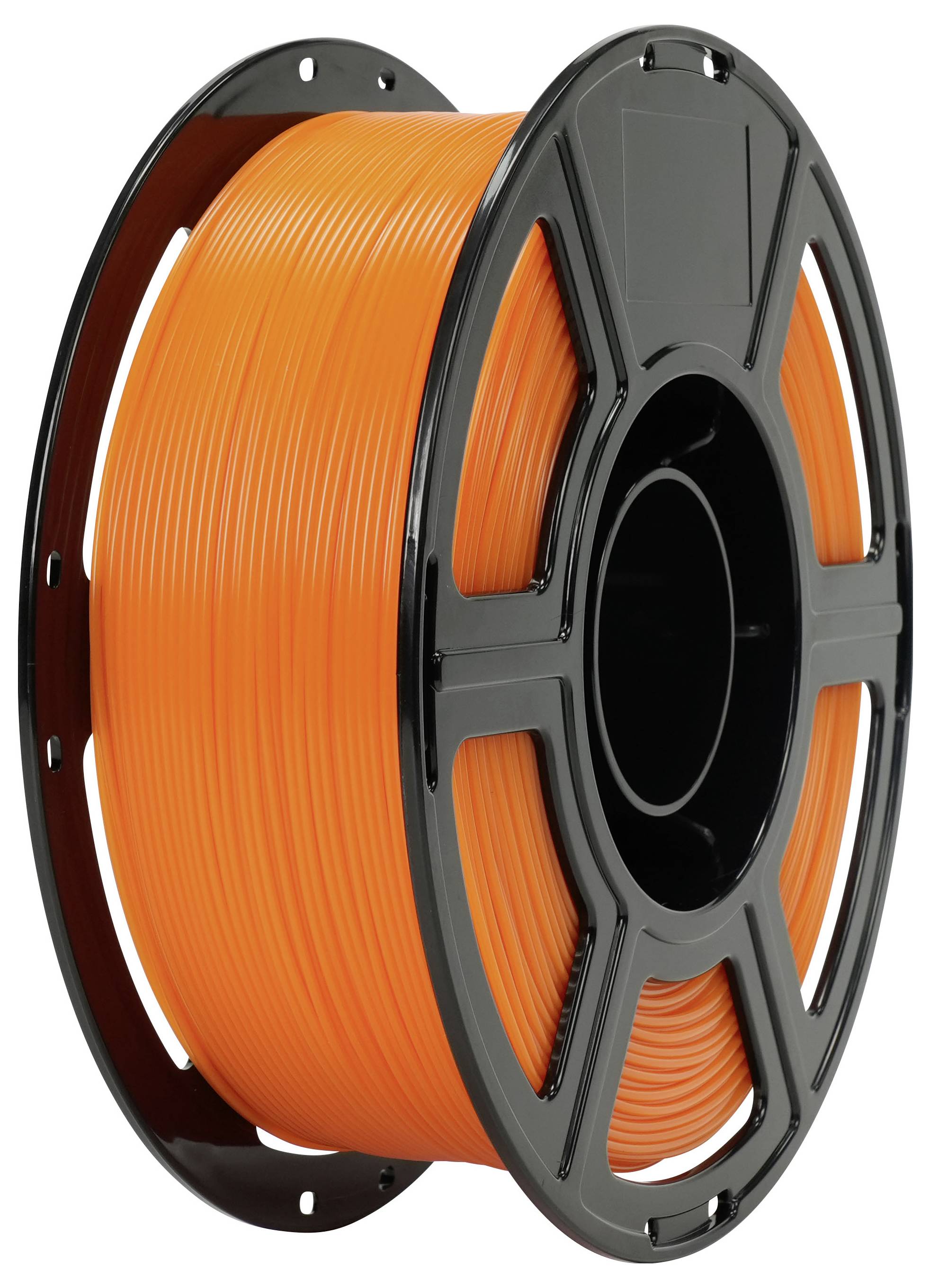 Spule mit orangefarbenem 3D-Druckfilament auf einer schwarzen Kunststoffspule, isoliert auf weißem Hintergrund dargestellt.