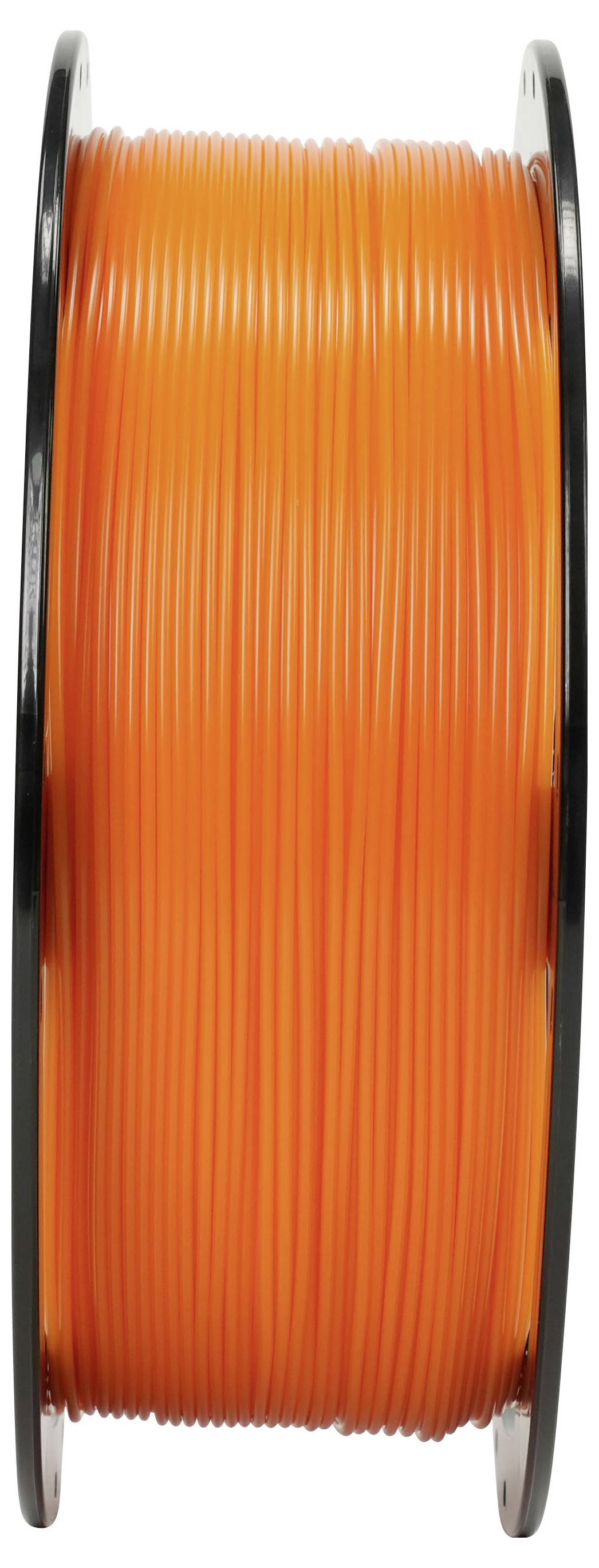 Spule mit leuchtend orangefarbenem Filament, das auf einer schwarzen Spule aufgewickelt ist, vertikal vor einem einfachen Hintergrund dargestellt.