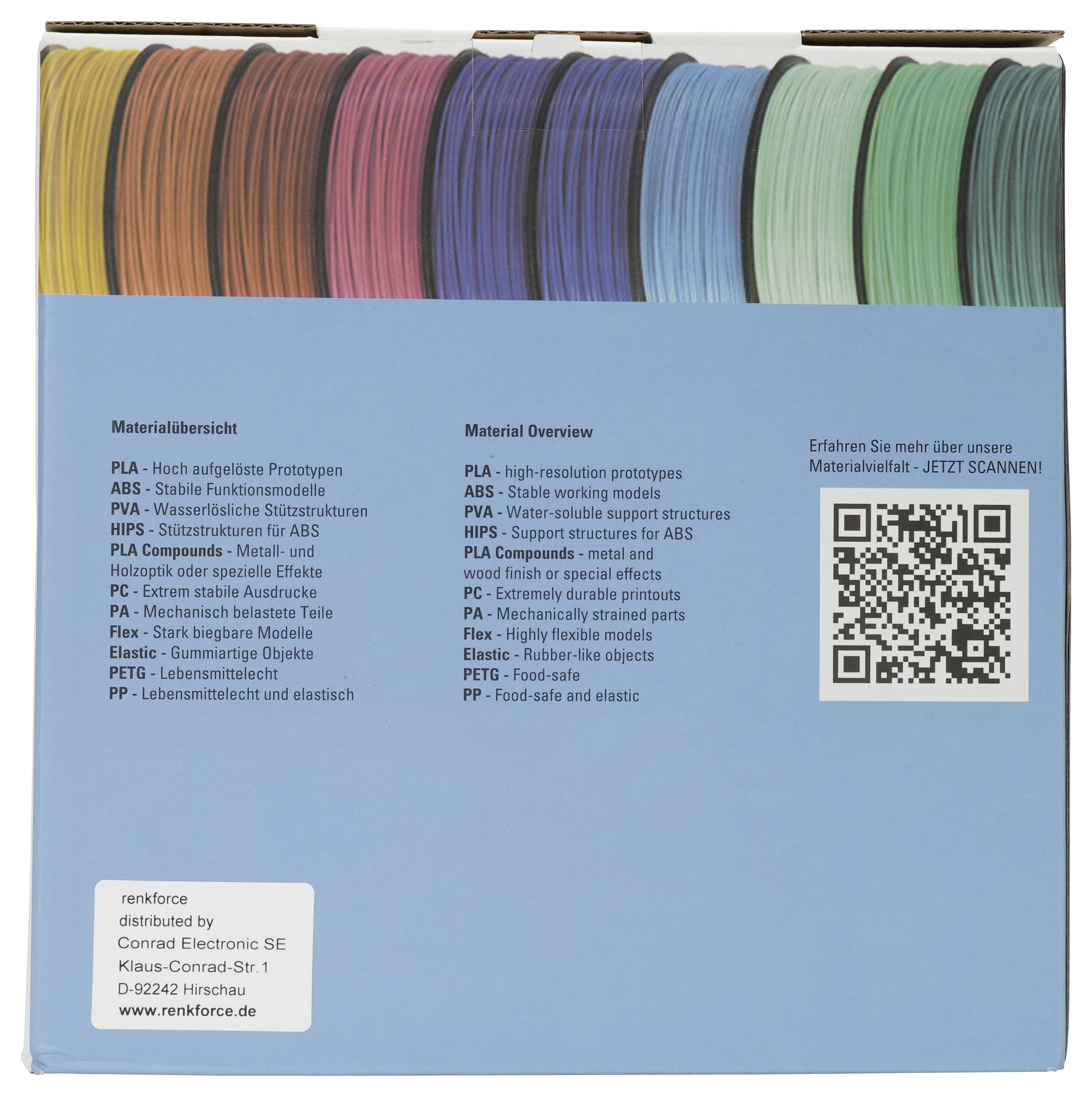 Blaue Produktschachtel mit der Bezeichnung „Materialübersicht" mit einem QR-Code und farbigen 3D-Drucker-Filament-Mustern oben; listet Materialtypen und deren Verwendungszwecke auf.