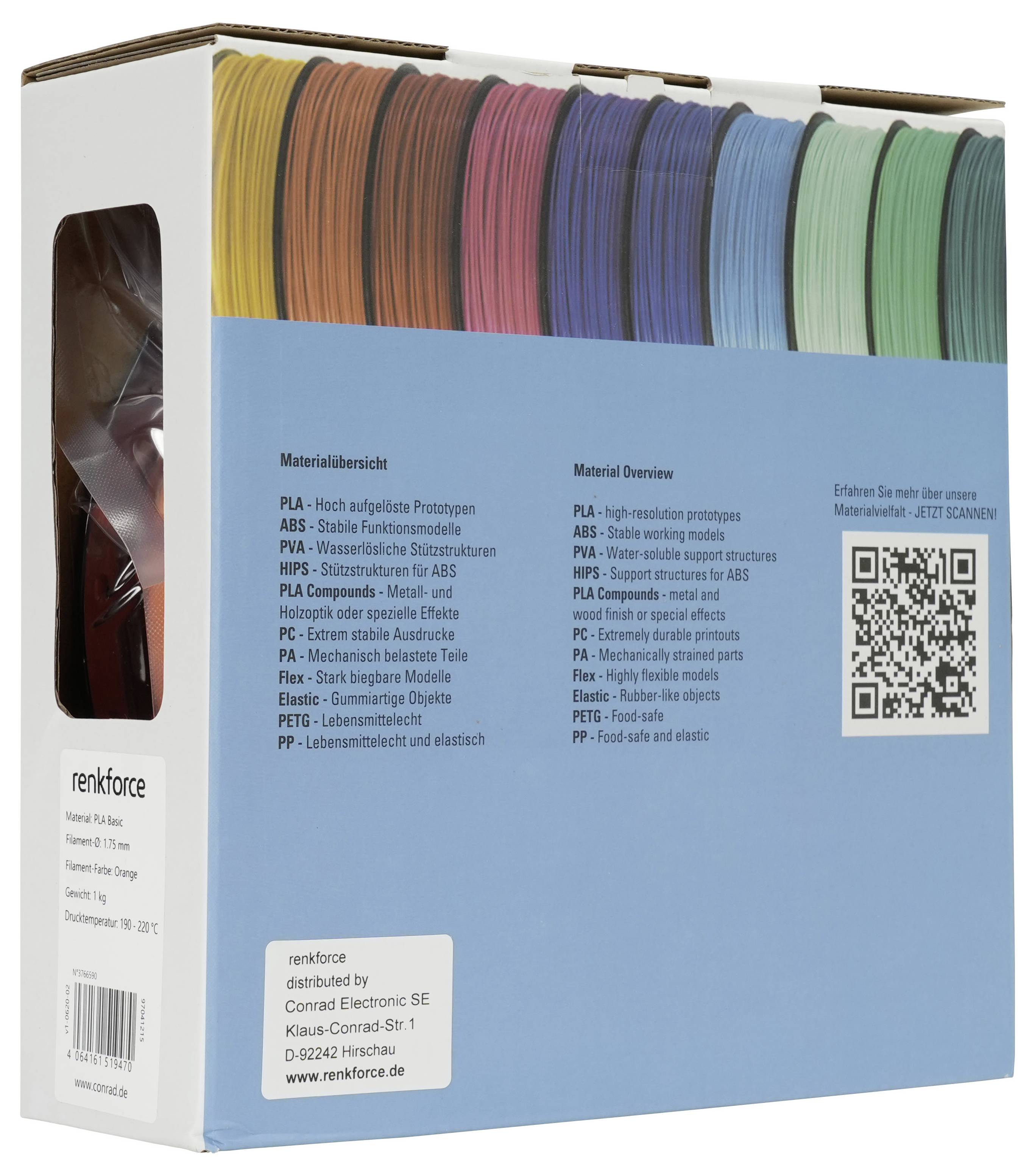 Kasten mit farbenfrohen Spulen für 3D-Druckermaterial der Marke „renkforce" mit Materialübersicht und QR-Code auf der Vorderseite.