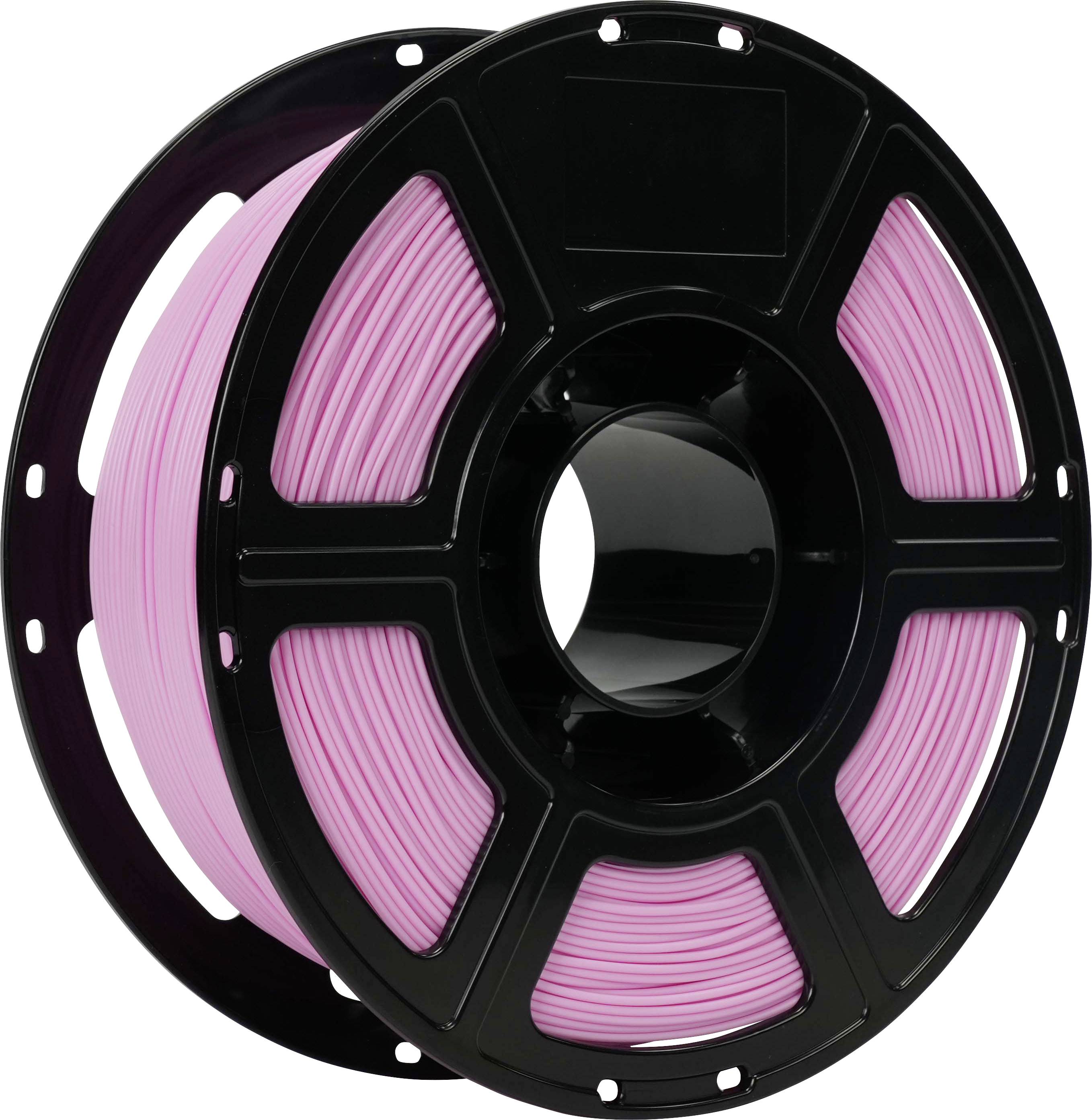 Spule mit rosa 3D-Drucker-Filament auf einer schwarzen Spule, isoliert auf weißem Hintergrund.