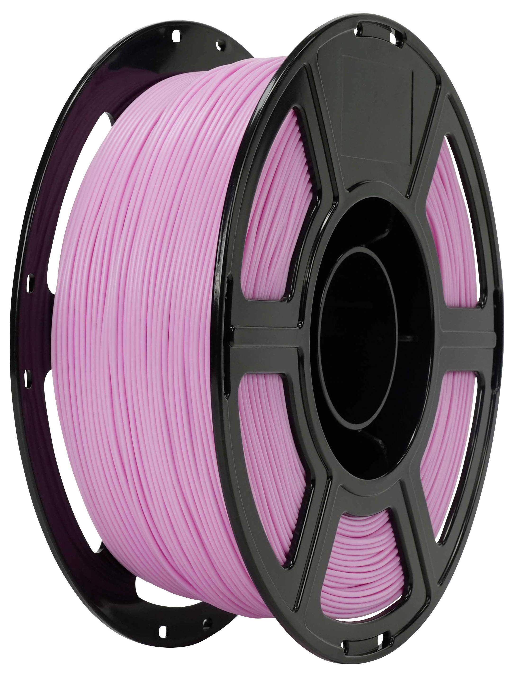 Spule rosafarbenes 3D-Drucker-Filament auf einer schwarzen Kunststoffspule aufgewickelt.