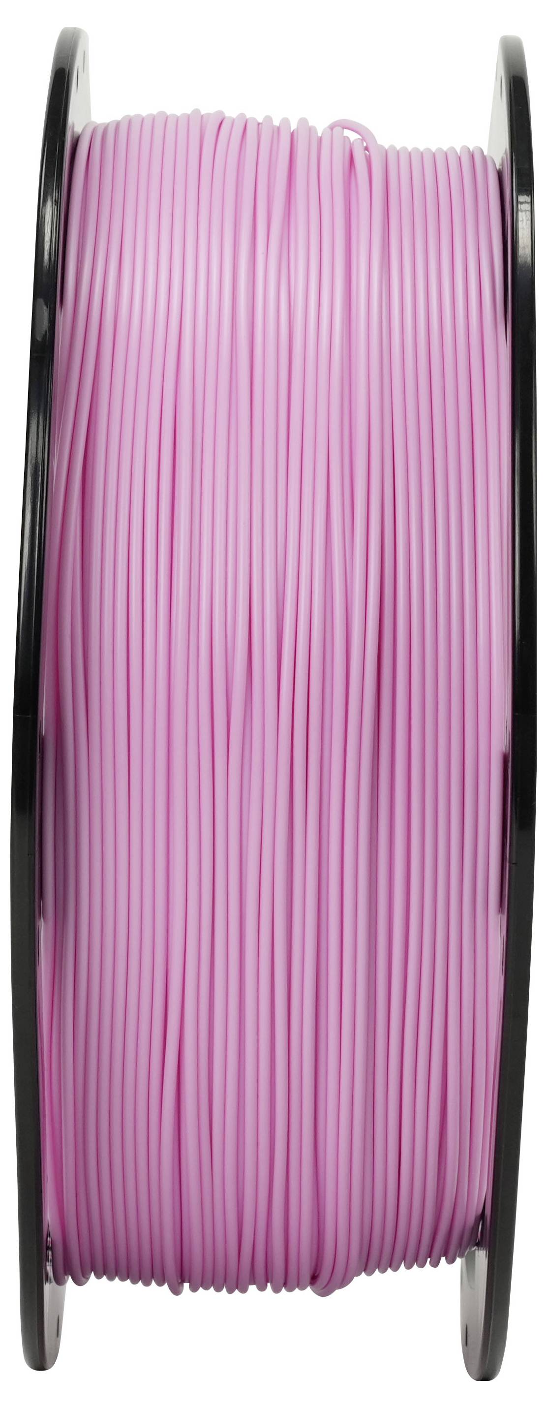 Spule mit rosa-weiß gestreiftem Filament auf einer schwarzen Spule aufgewickelt, in Nahaufnahme vor weißem Hintergrund gezeigt.