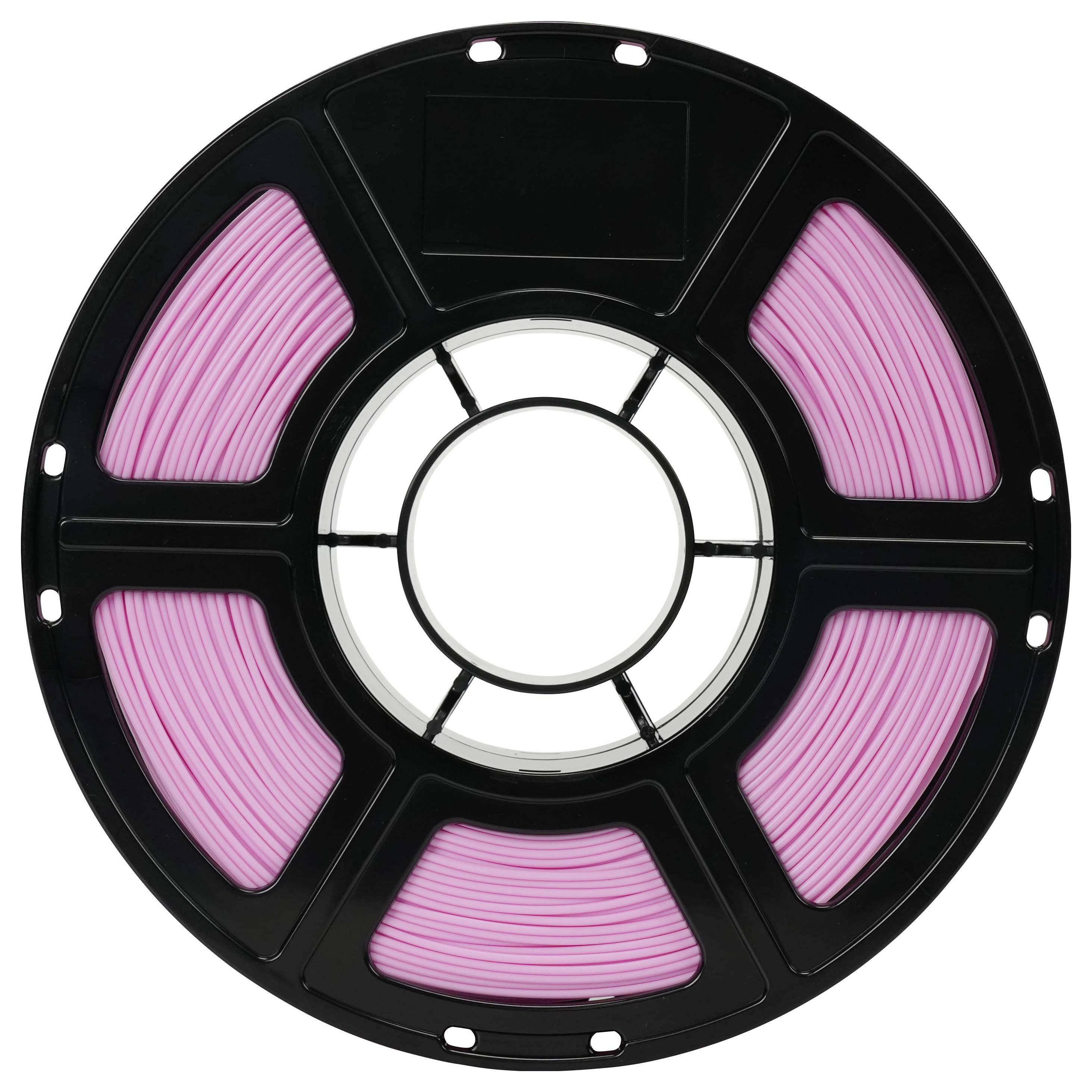 Spule aus rosa 3D-Druckfilament auf einer schwarzen Kunststoffspule, isoliert auf weißem Hintergrund.