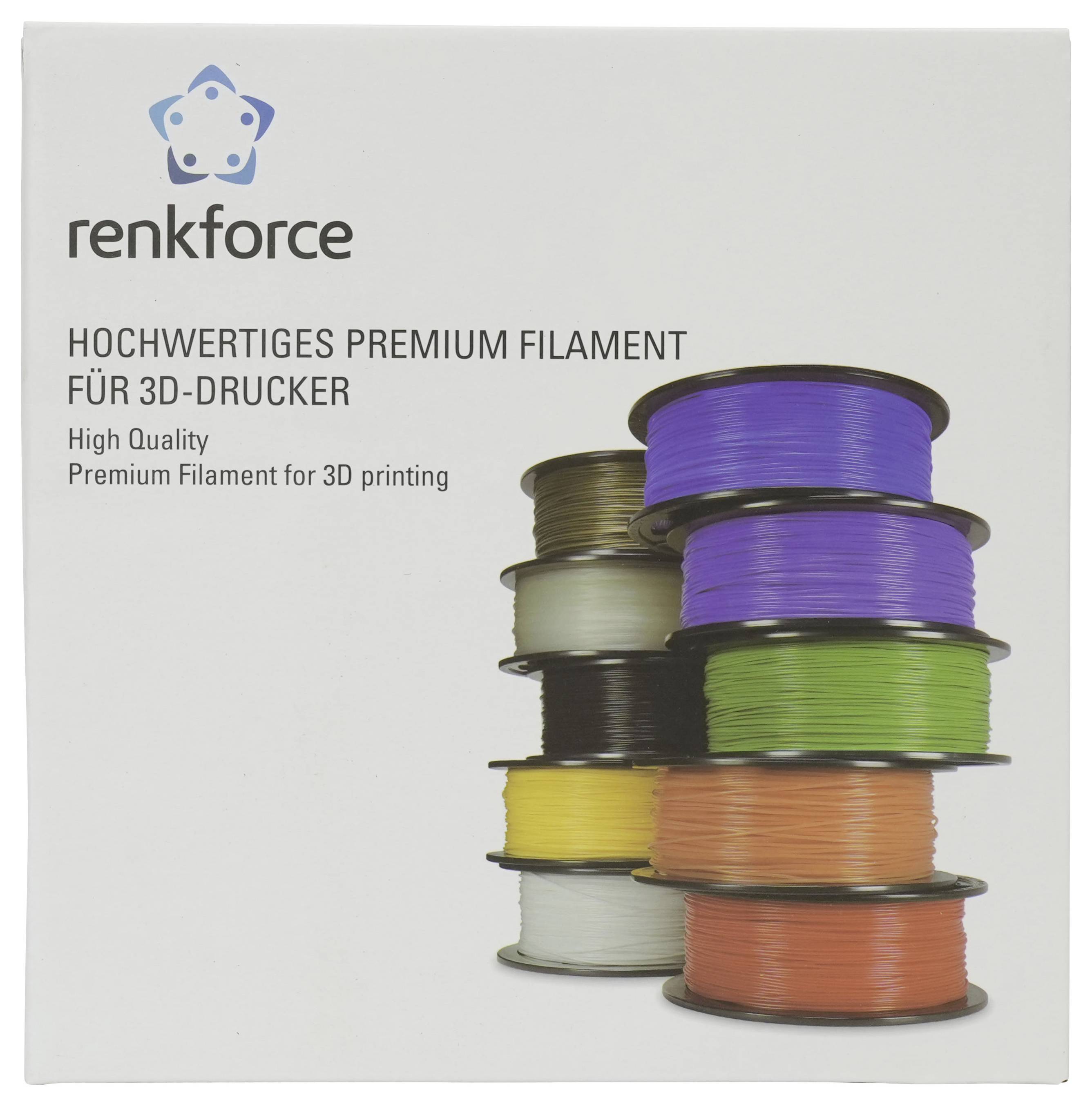 Renkforce Premium-3D-Drucker-Filament-Verpackung mit gestapelten Spulen in mehreren Farben und Text „Hochwertiges Premium-Filament für 3D-Drucker" und „Hochwertig".