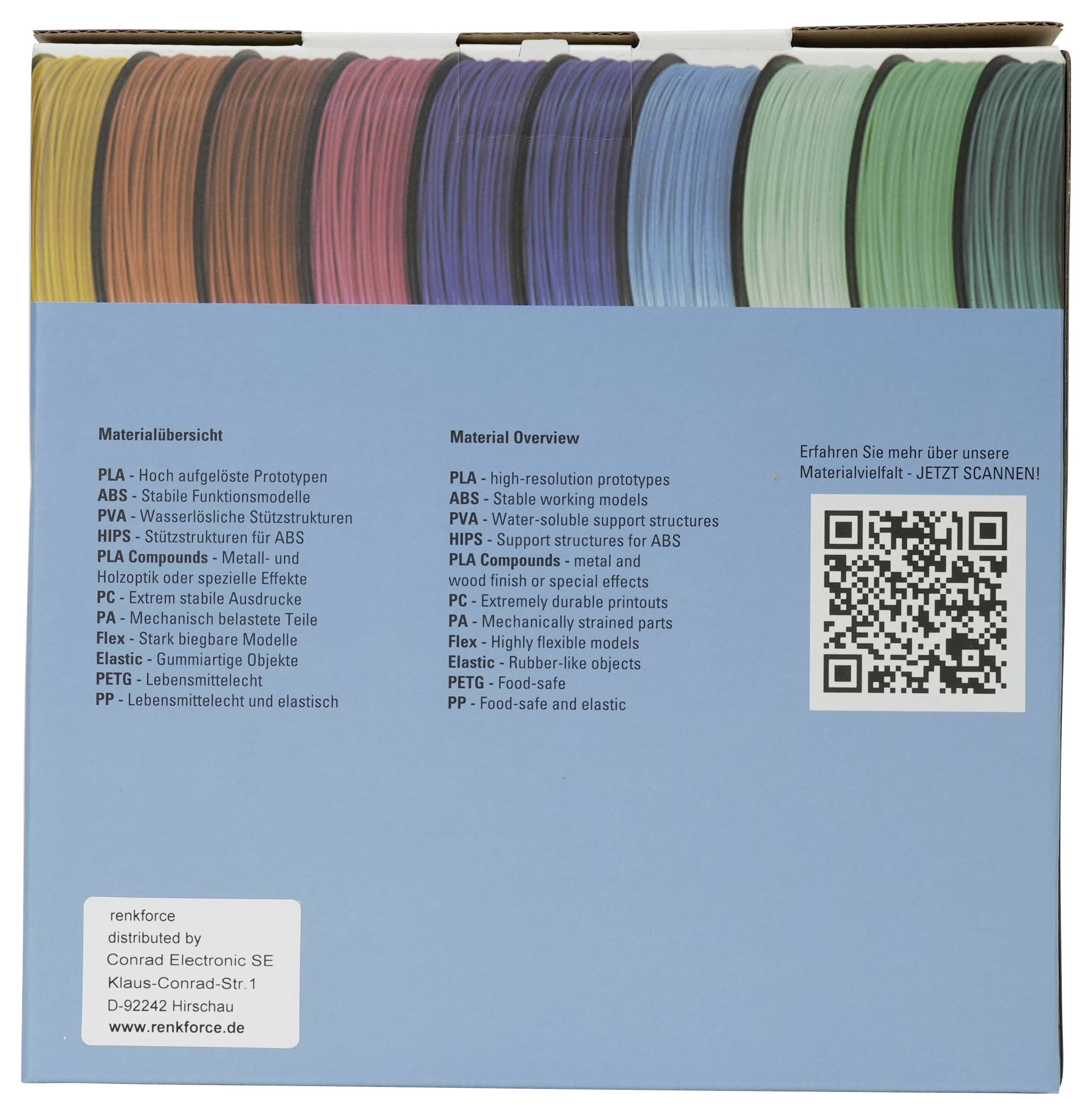 Blaues Renkforce Musterpaket mit mehrfarbigen Filamentrollen und einer Materialübersicht mit 3D-Druck-Filamenttypen auf Deutsch und Englisch sowie einem QR-Code.