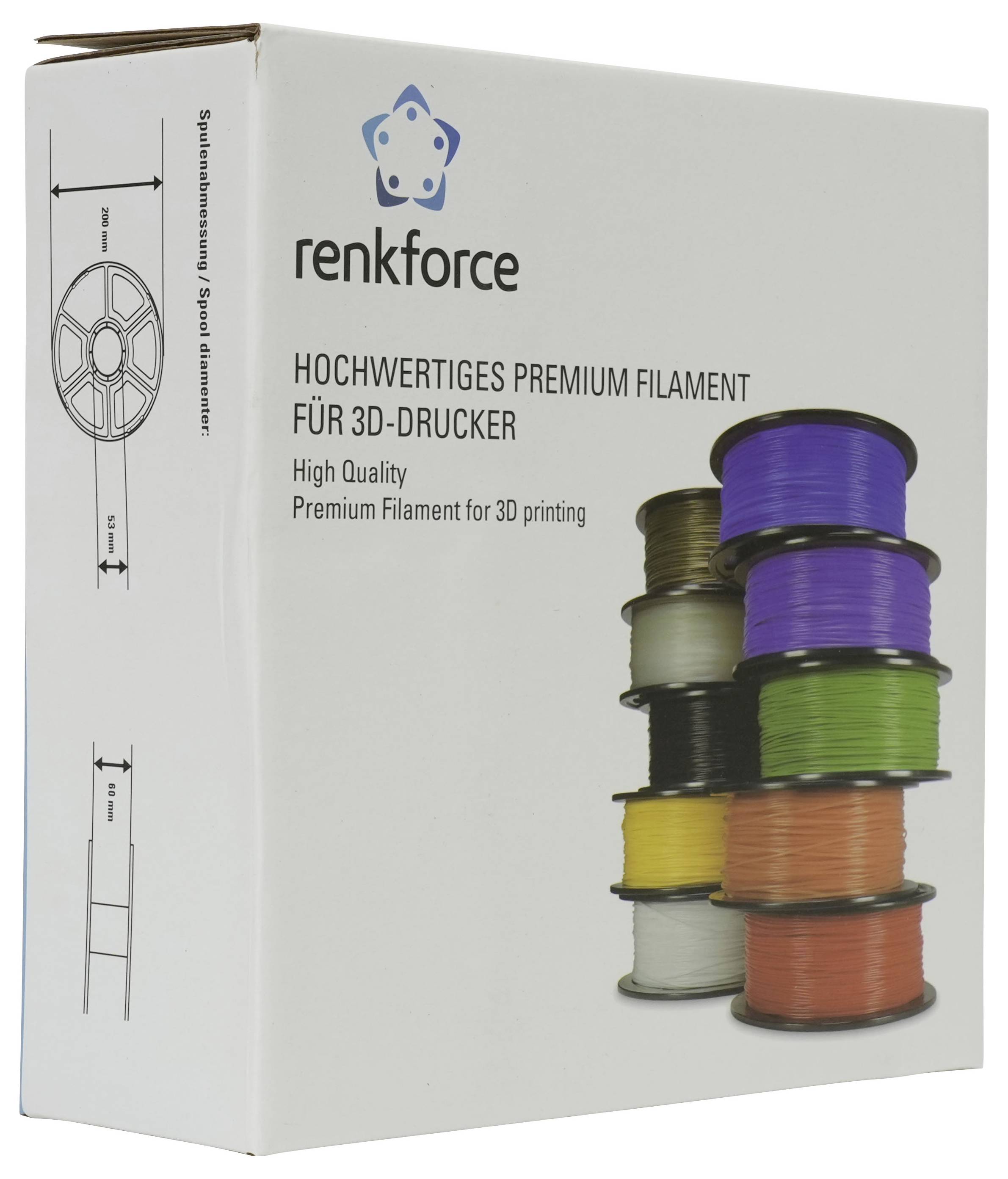 Karton mit hochwertigem Premium-Filament von Renkforce für 3D-Drucker, auf der Vorderseite gestapelte Spulen in verschiedenen Farben.