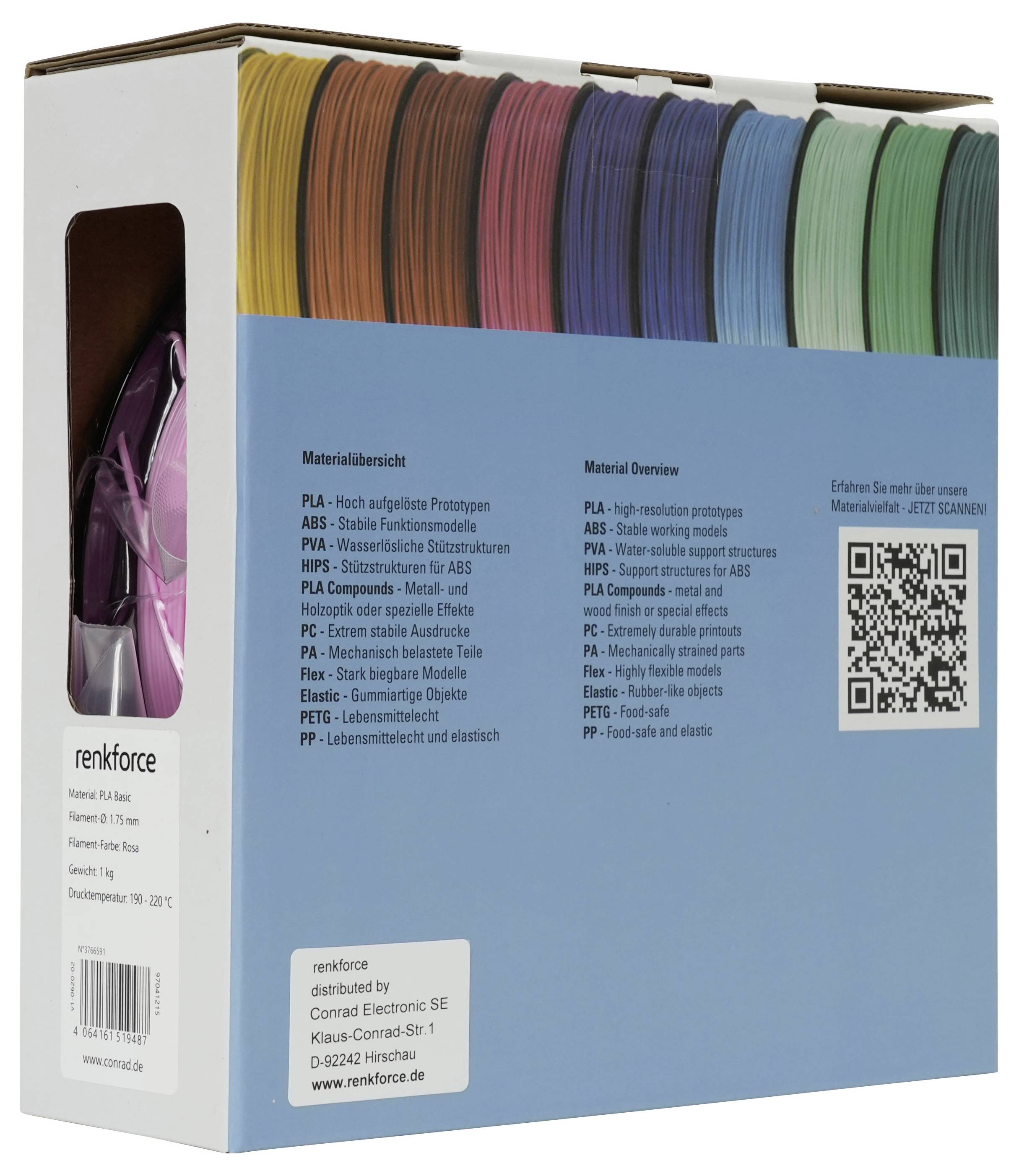 Schachtel mit renkforce-Filamentmuster-Farbmustern zum 3D-Drucken, mit einer Materialübersichtsliste und QR-Code auf der Vorderseite.
