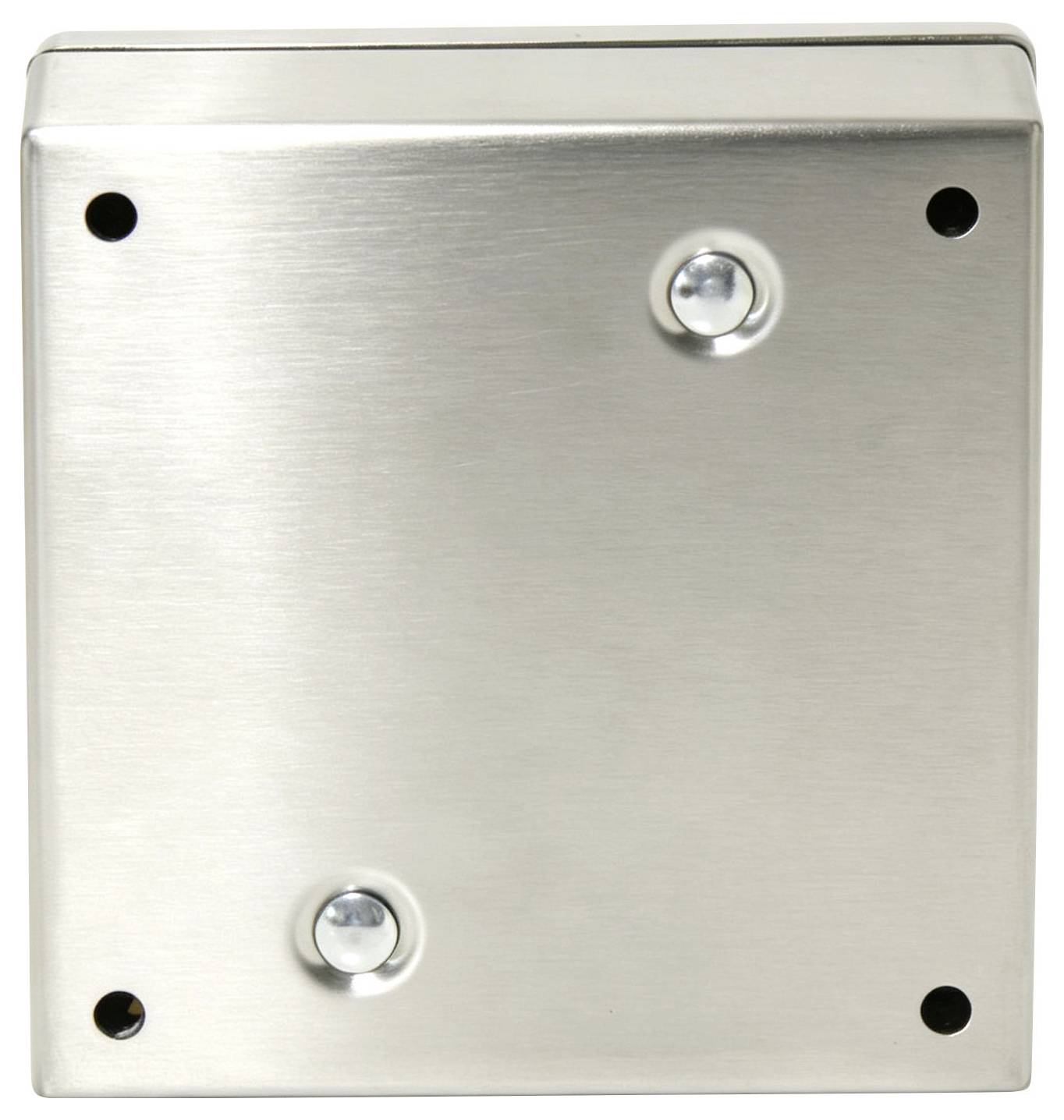 Gebürstete Metallwandplatte mit vier Ecklöchern für Schrauben und zwei zentralen Befestigungsschrauben.