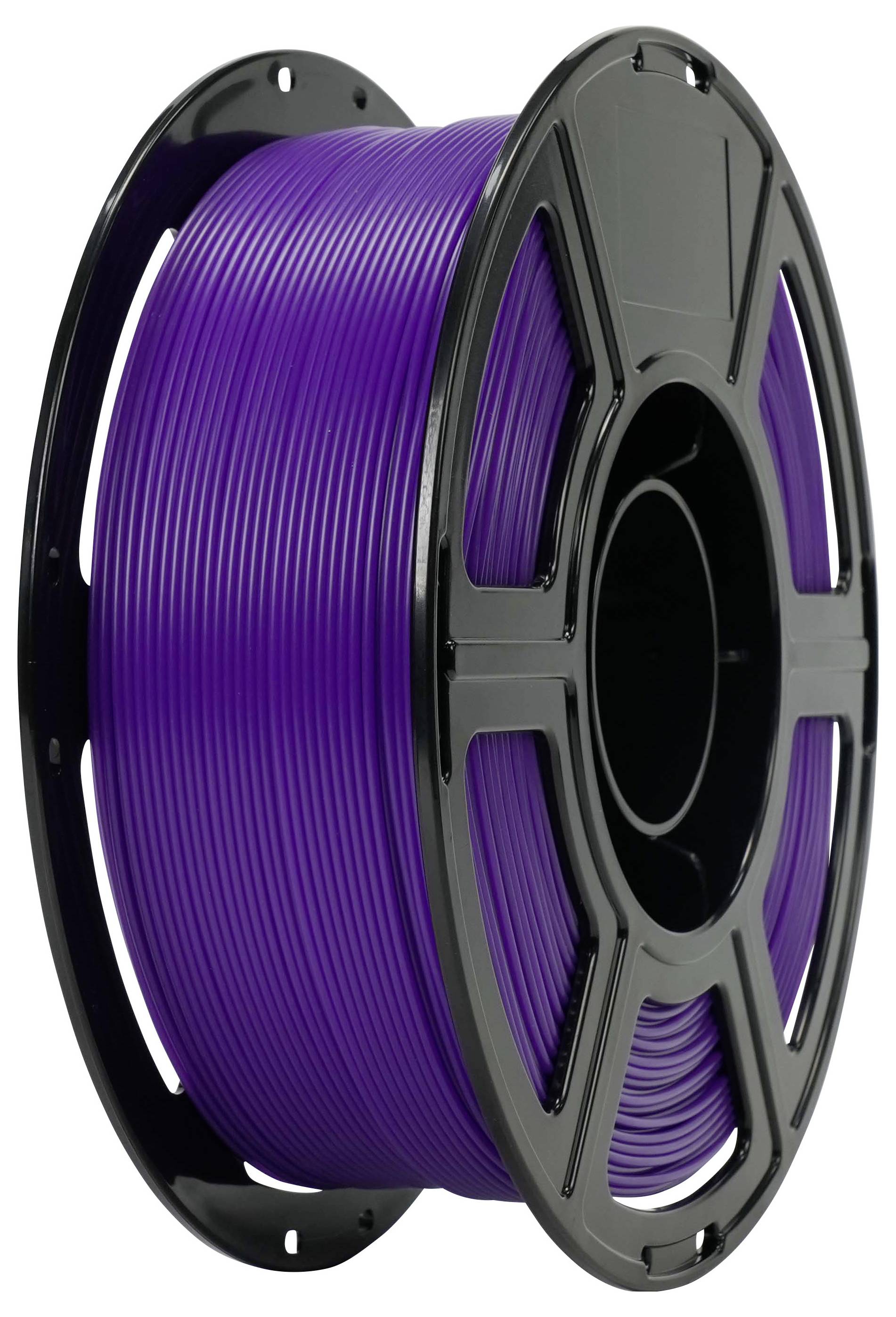 Spule aus violettem 3D-Druckfilament auf einer schwarzen Kunststoffspule, isoliert auf weißem Hintergrund dargestellt.