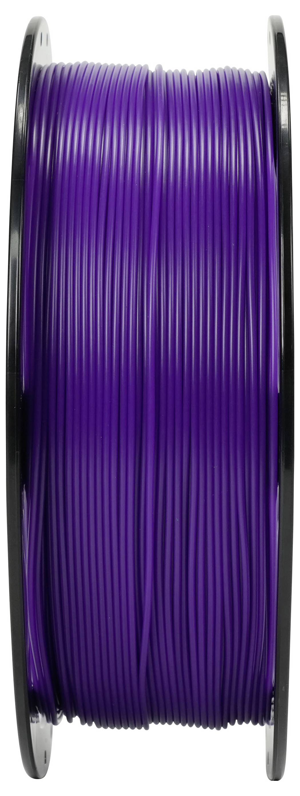Spule aus violettem 3D-Druckerfaden, der auf eine schwarze Spule gewickelt ist und gegen einen weißen Hintergrund gezeigt wird.