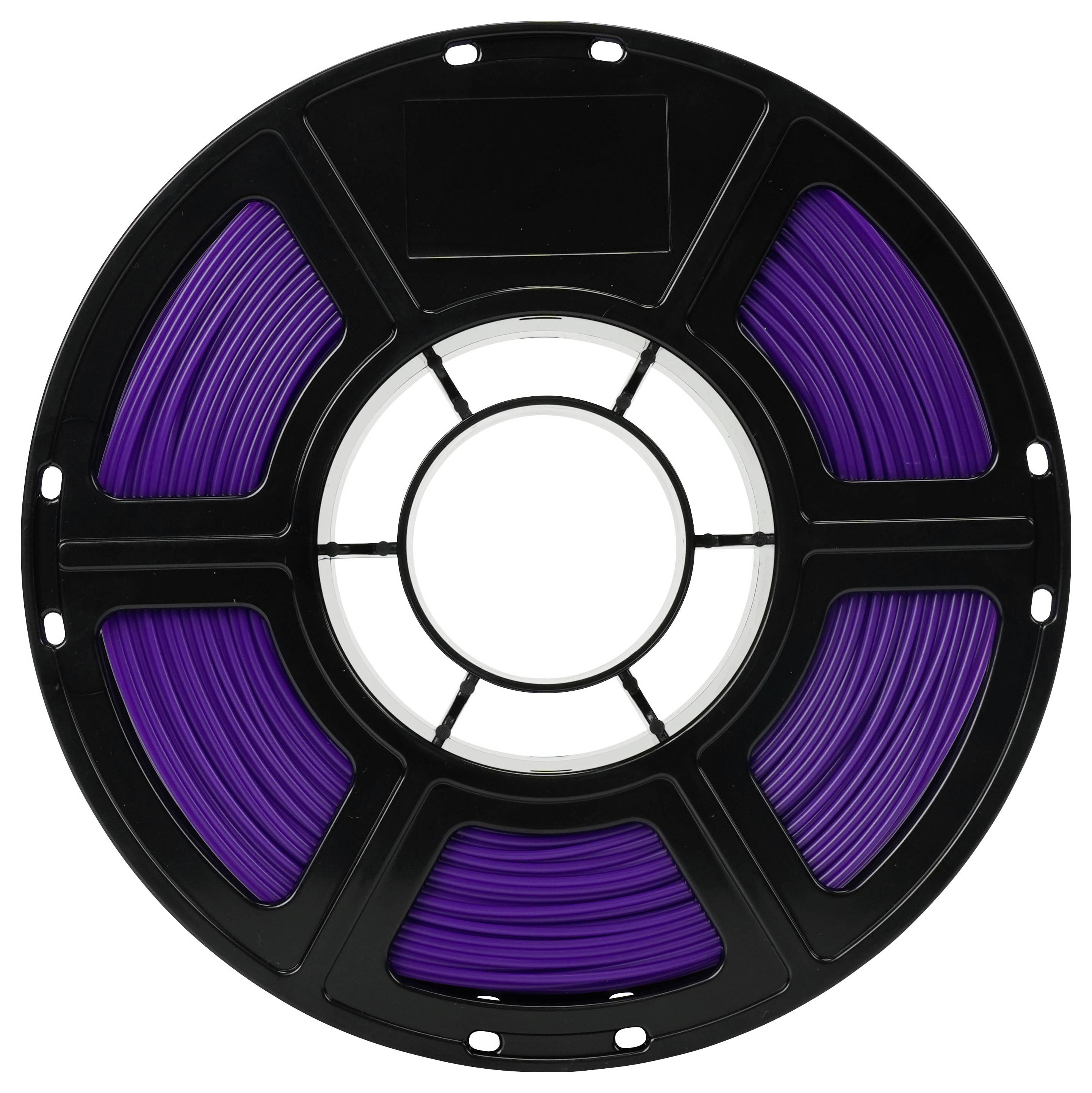 Spule mit violettem 3D-Druckfilament auf einer schwarzen Spule, frontal gegen einen weißen Hintergrund gezeigt.