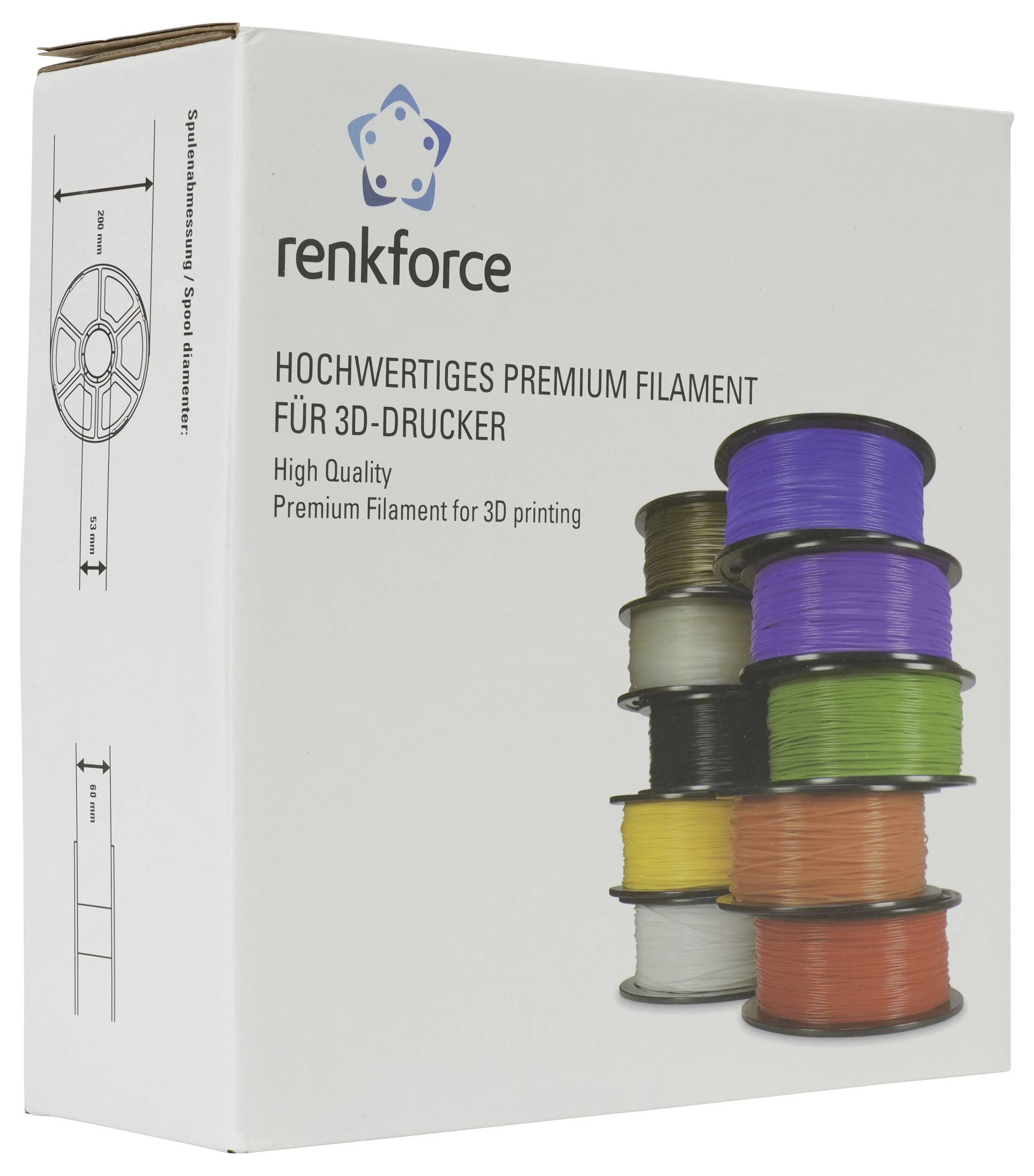 # Eine Renkforce-Box für hochwertiges 3D-Druckfilament mit gestapelten Spulen in mehreren Farben und deutschem Produkttext auf der Verpackung.