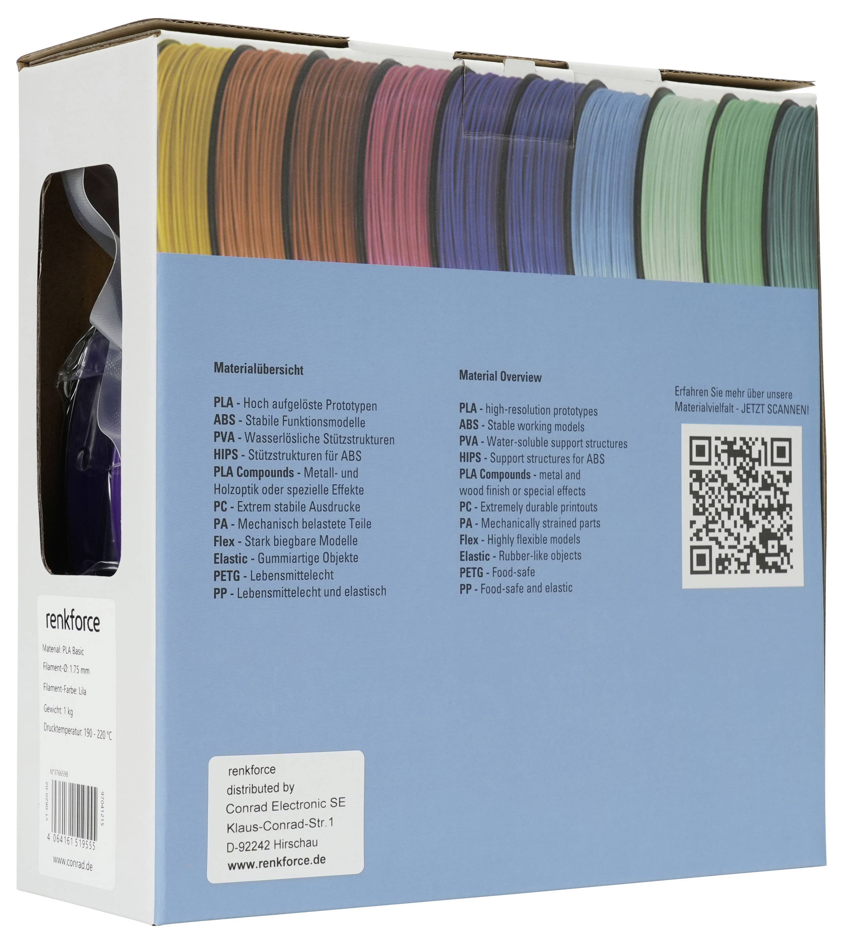 Schachtel mit Renforce 3D-Druckerfaden, auf der Oberseite ein Farbstreifen von Spulen und auf der Vorderseite ein QR-Code sowie eine mehrsprachige Materialübersicht.