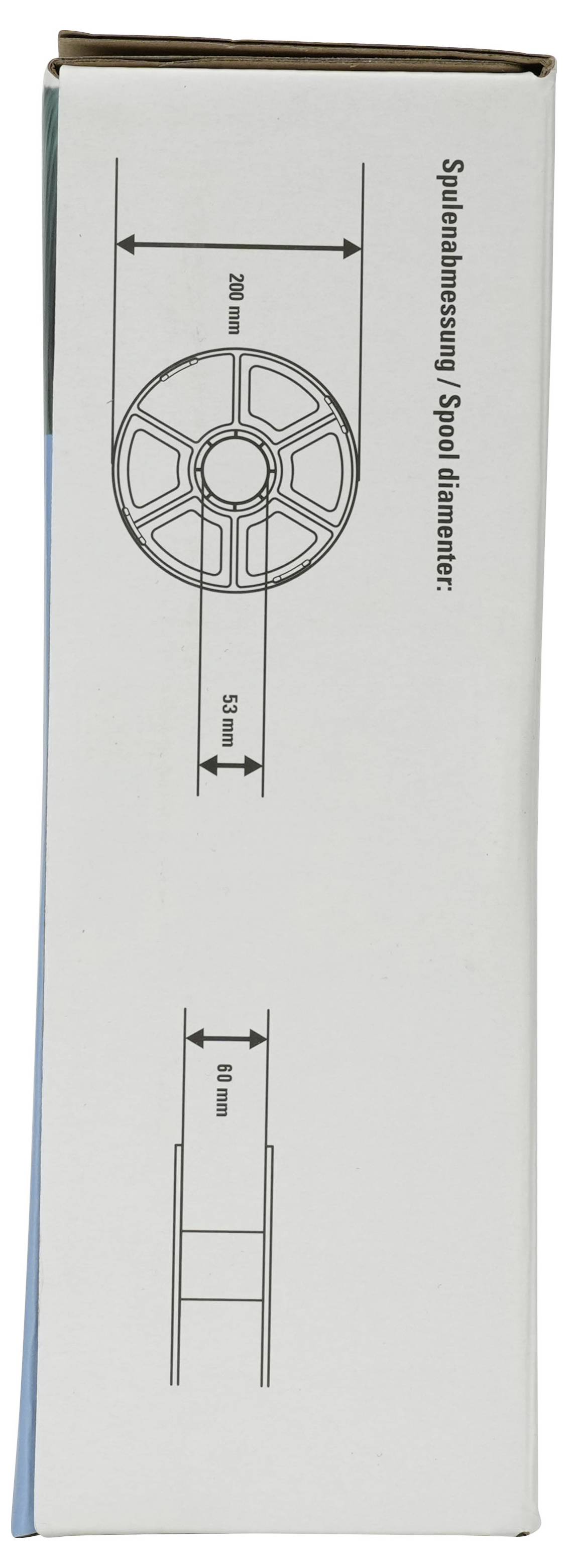Seite einer Box mit einer technischen Zeichnung mit der Beschriftung 'Spulenabmessung / Spulendurchmesser' mit den Abmessungen 200 mm und 80 mm sowie einer kleineren Messung von 89 mm.