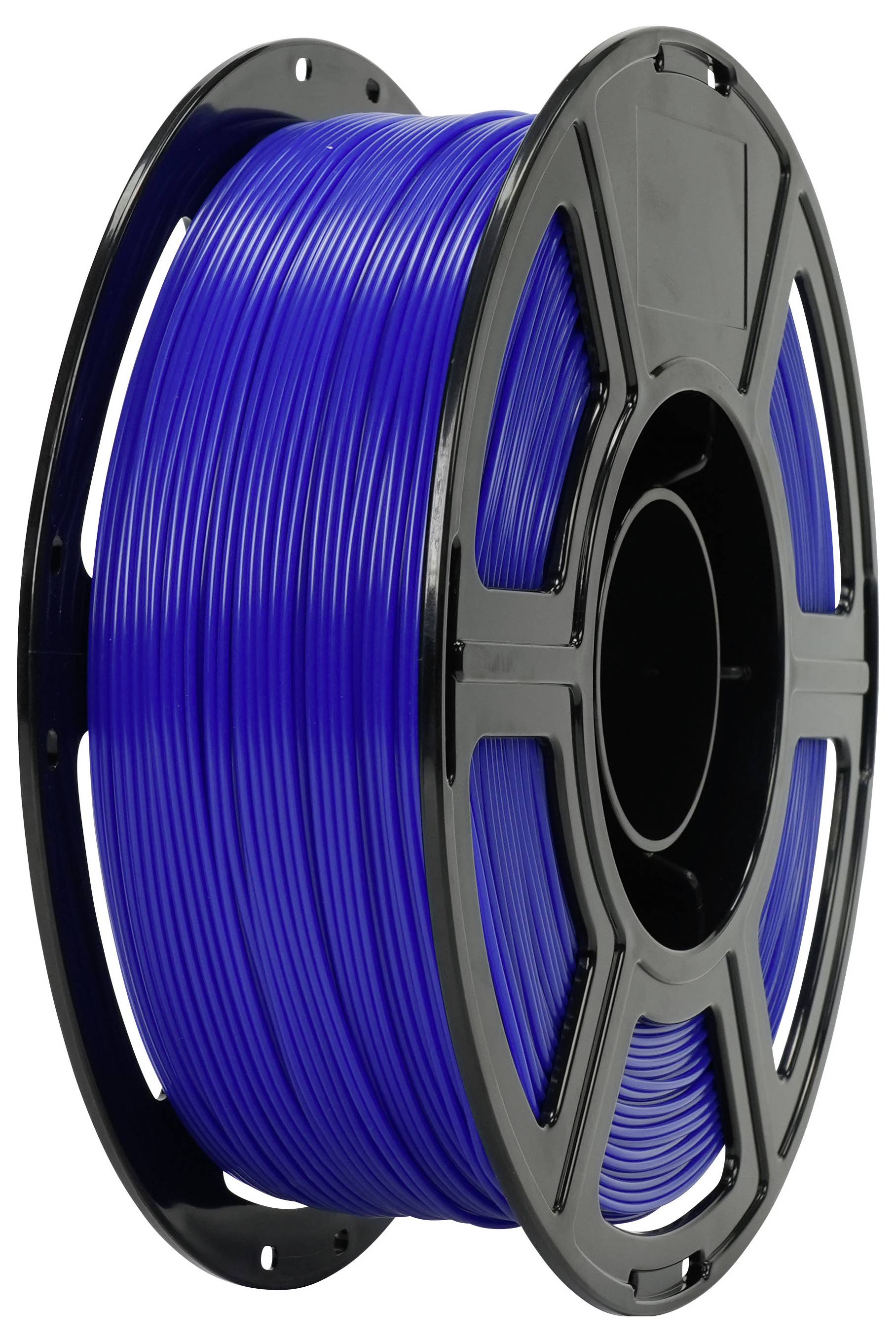 Eine Spule mit leuchtend blauem Filament, das auf einer schwarzen Kunststoffspule aufgewickelt ist und für 3D-Druck verwendet wird.