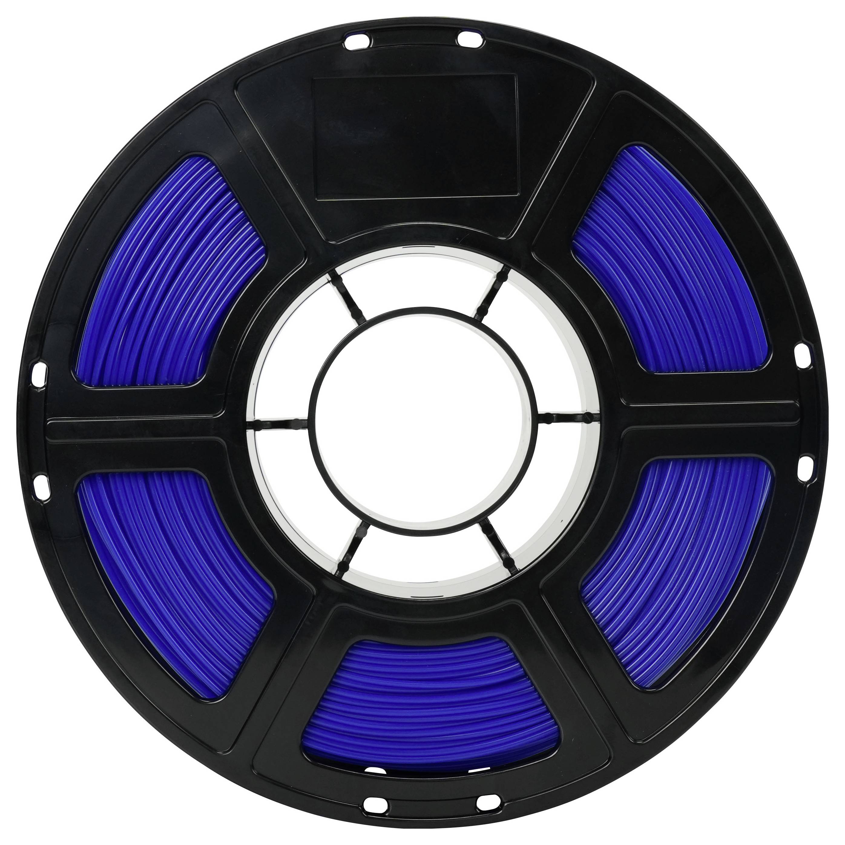 Spule mit blauem 3D-Drucker-Filament auf einer schwarzen Spule, Vorderansicht vor weißem Hintergrund.