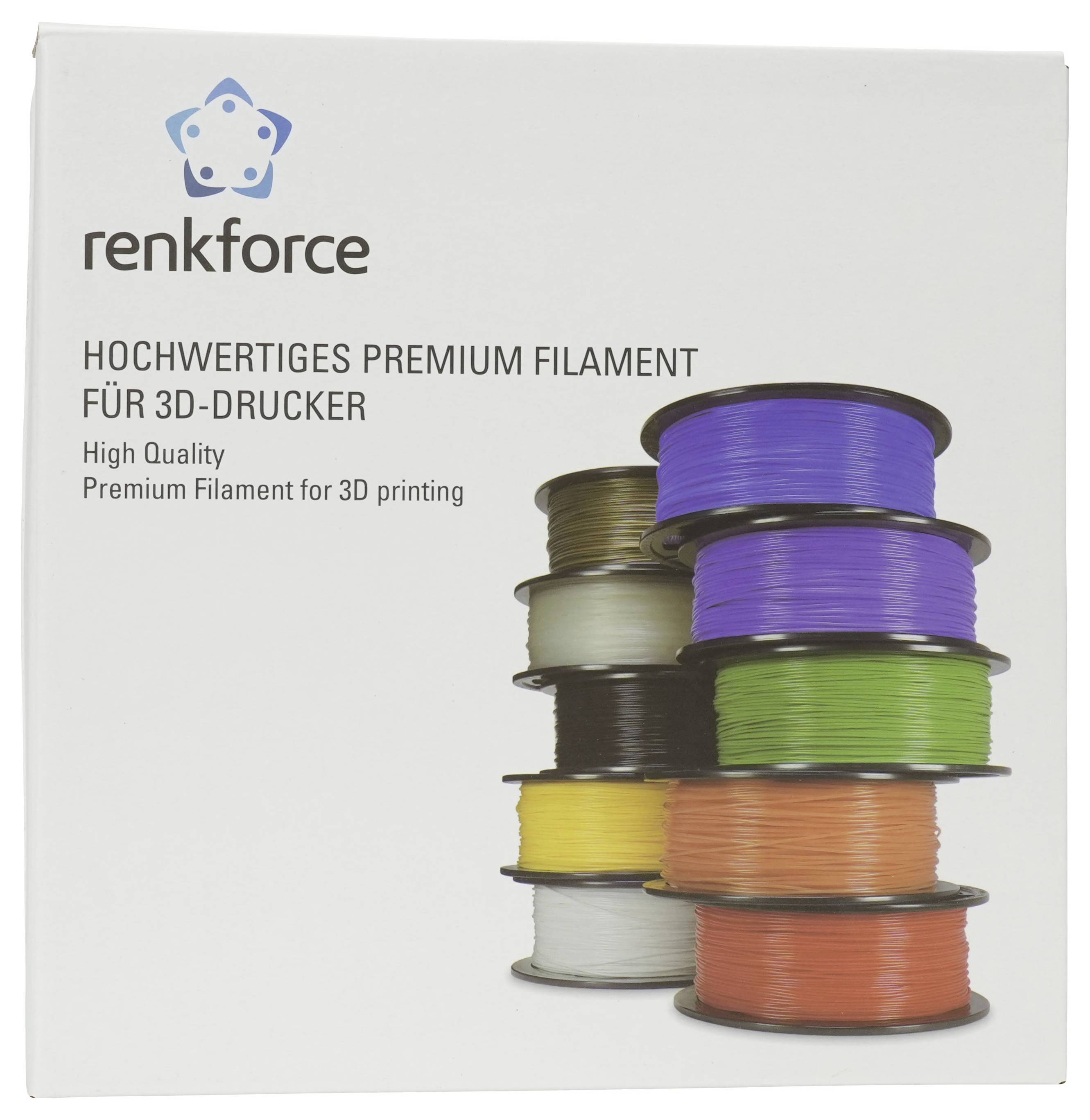 Renkforce Premium-3D-Drucker-Filament-Paket mit gestapelten Spulen in mehreren Farben und dem Text „Hochwertiges Premium-Filament für 3D-Drucker" und „Hochwertiges Premium-Filament zum 3D-Drucken".