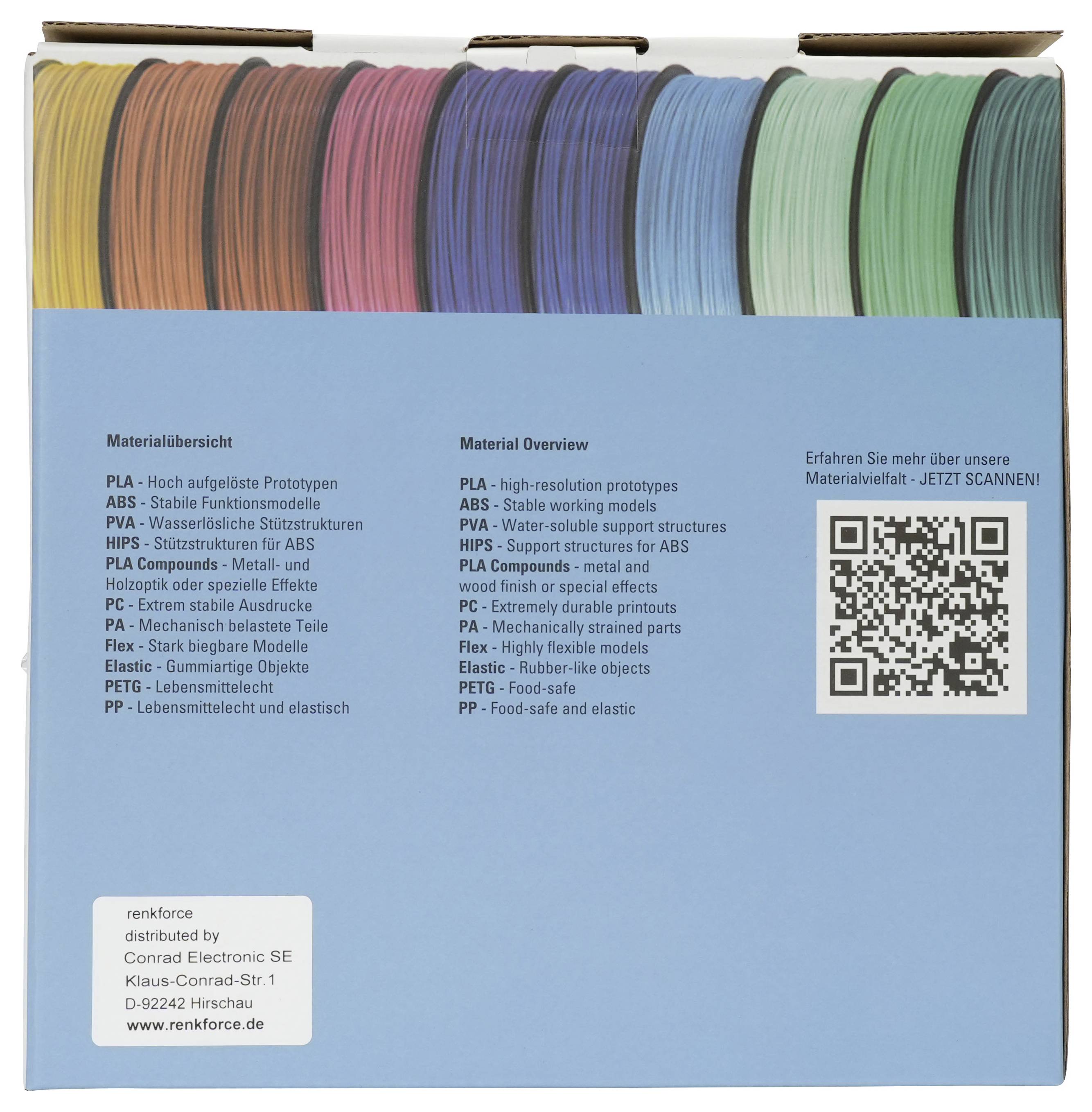 Blaue Verpackungsbox für 3D-Drucker-Filament, mit farbigen Spulen oben abgebildet und QR-Code sowie Materialübersichtstext auf der Vorderseite.