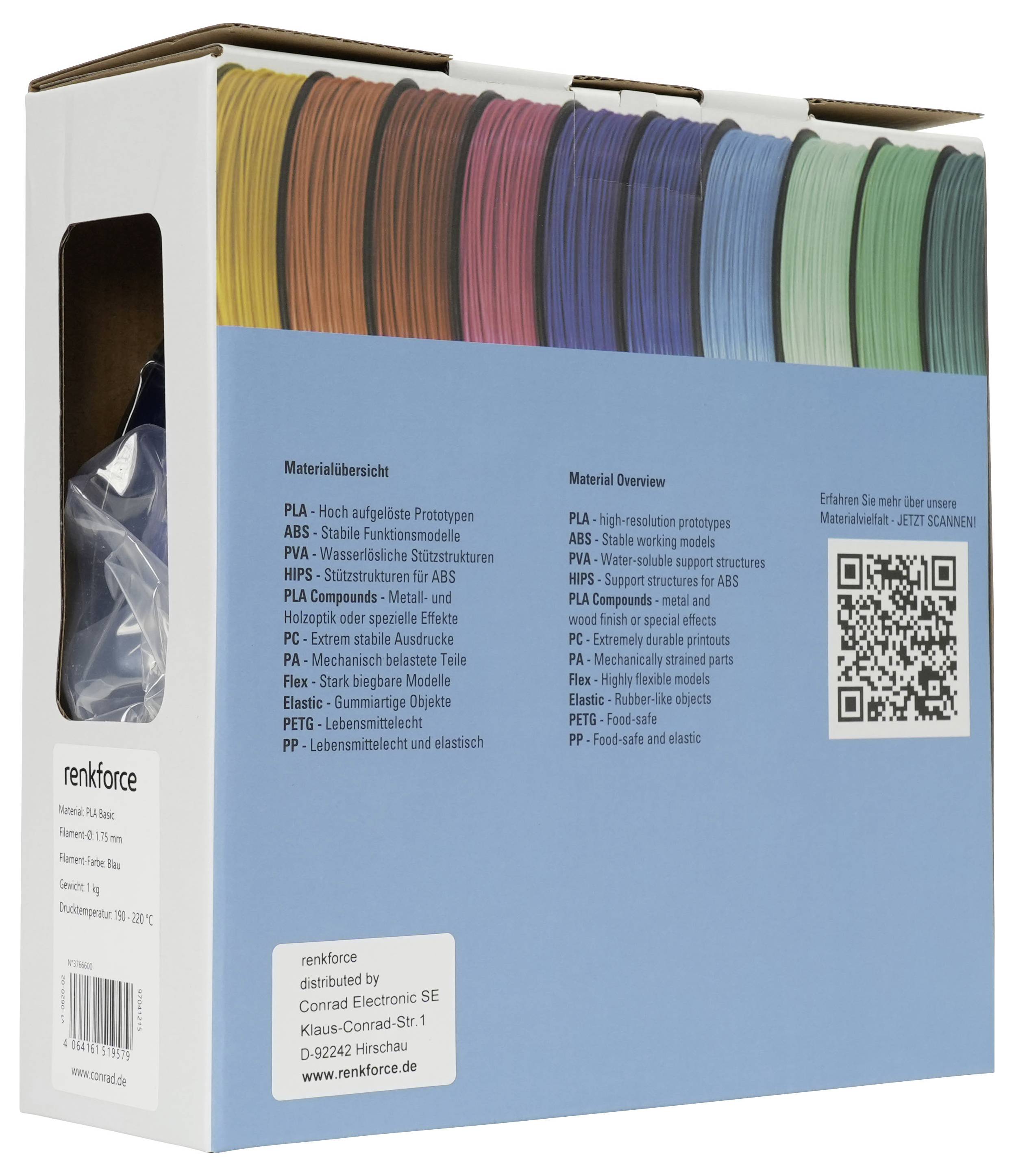 Schachtel mit Renkforce 3D-Drucker-Filament-Spulen in verschiedenen Farben, mit Materialübersichtstext und QR-Code auf der Vorderseite.