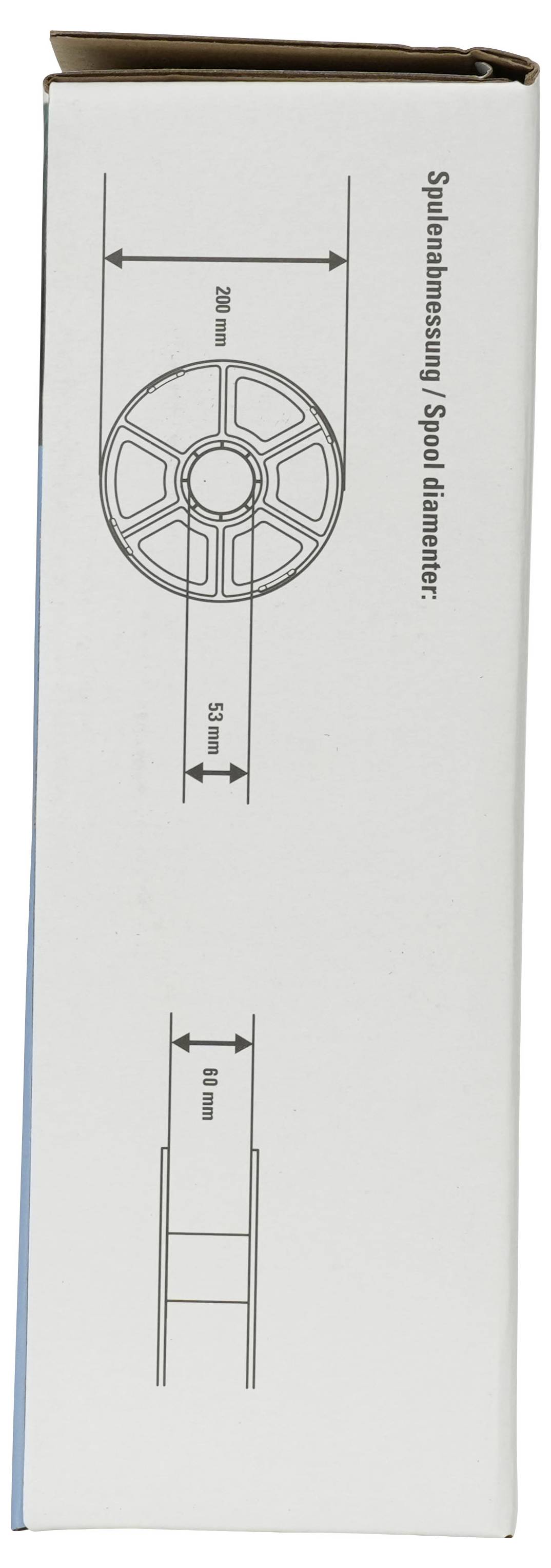Produktkastediagramm mit einer Spule: 'Spulenmessung / Spulendurchmesser' mit 200 mm Durchmesser und 53 mm Nabe Breite, plus eine 8 mm Seitenansicht Messung.