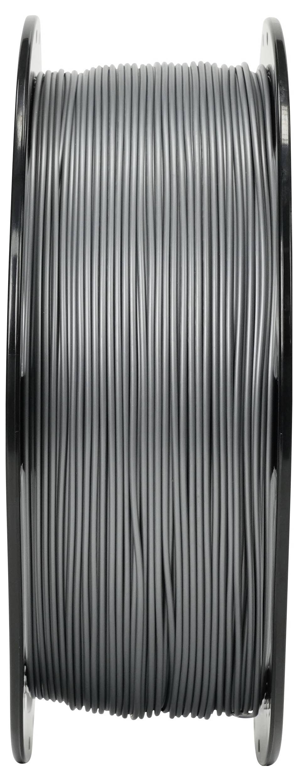 Eine Spule aus grauem Kabel, fest auf einer Rolle aufgewickelt, vertikal vor einem einfachen weißen Hintergrund dargestellt.