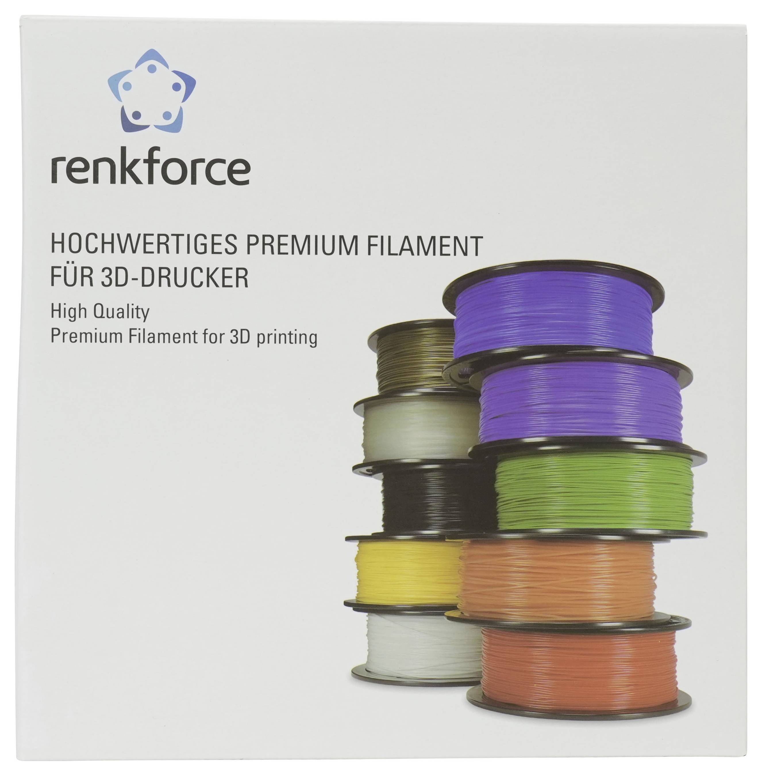 Verpackung für Renkforce Premium-Filament für 3D-Drucker, mit gestapelten Spulen in Lila, Grün, Orange, Gelb, Weiß und Schwarz.