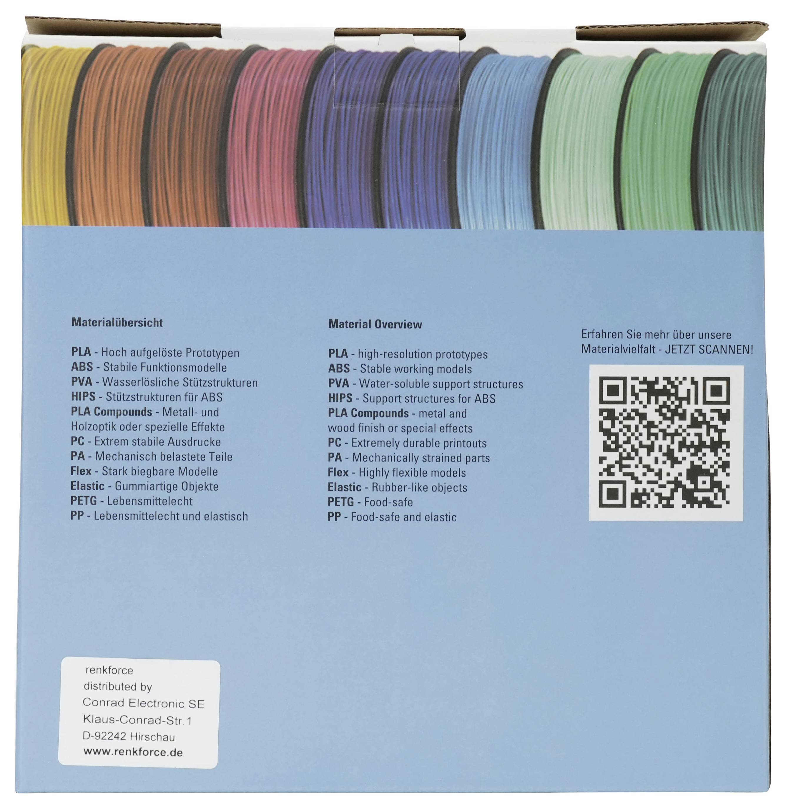 Blaue Verpackungsbox mit Reihen mehrfarbiger 3D-Drucker-Filamentspulen und einem zweisprachigen "Materialübersicht" mit QR-Code und Produktliste.