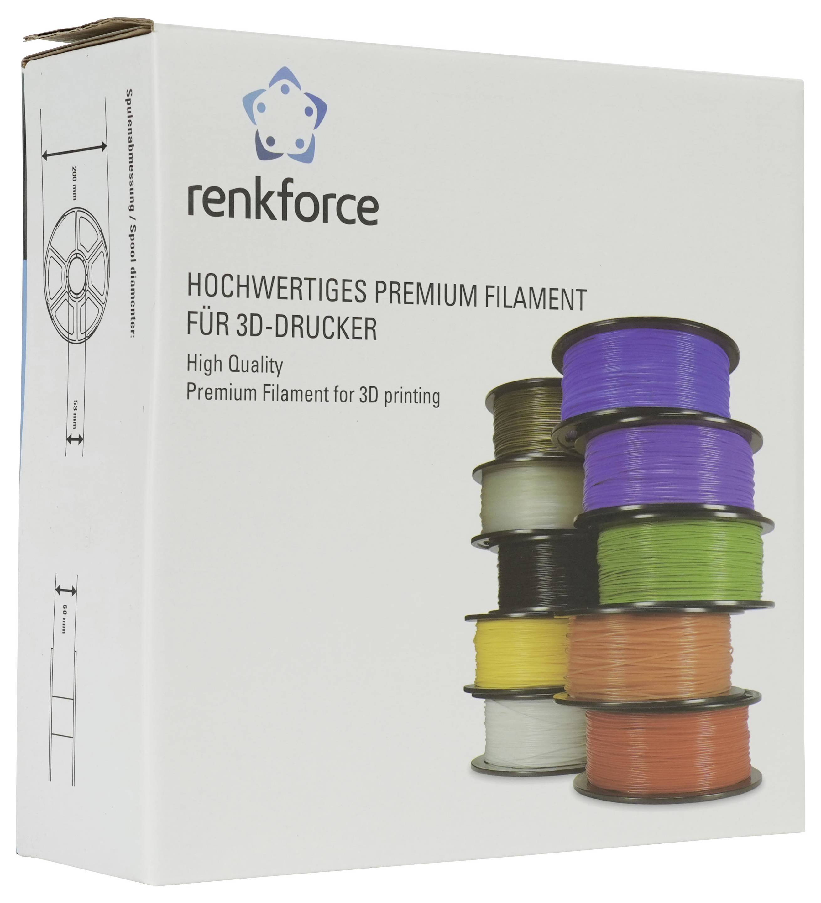 Schachteln von Renkforce Premium 3D-Drucker-Filament, die gestapelte bunte Filamentspulen und den Text "HOCHWERTIGES PREMIUM FILAMENT FÜR 3D-DRUCKER" zeigen.
