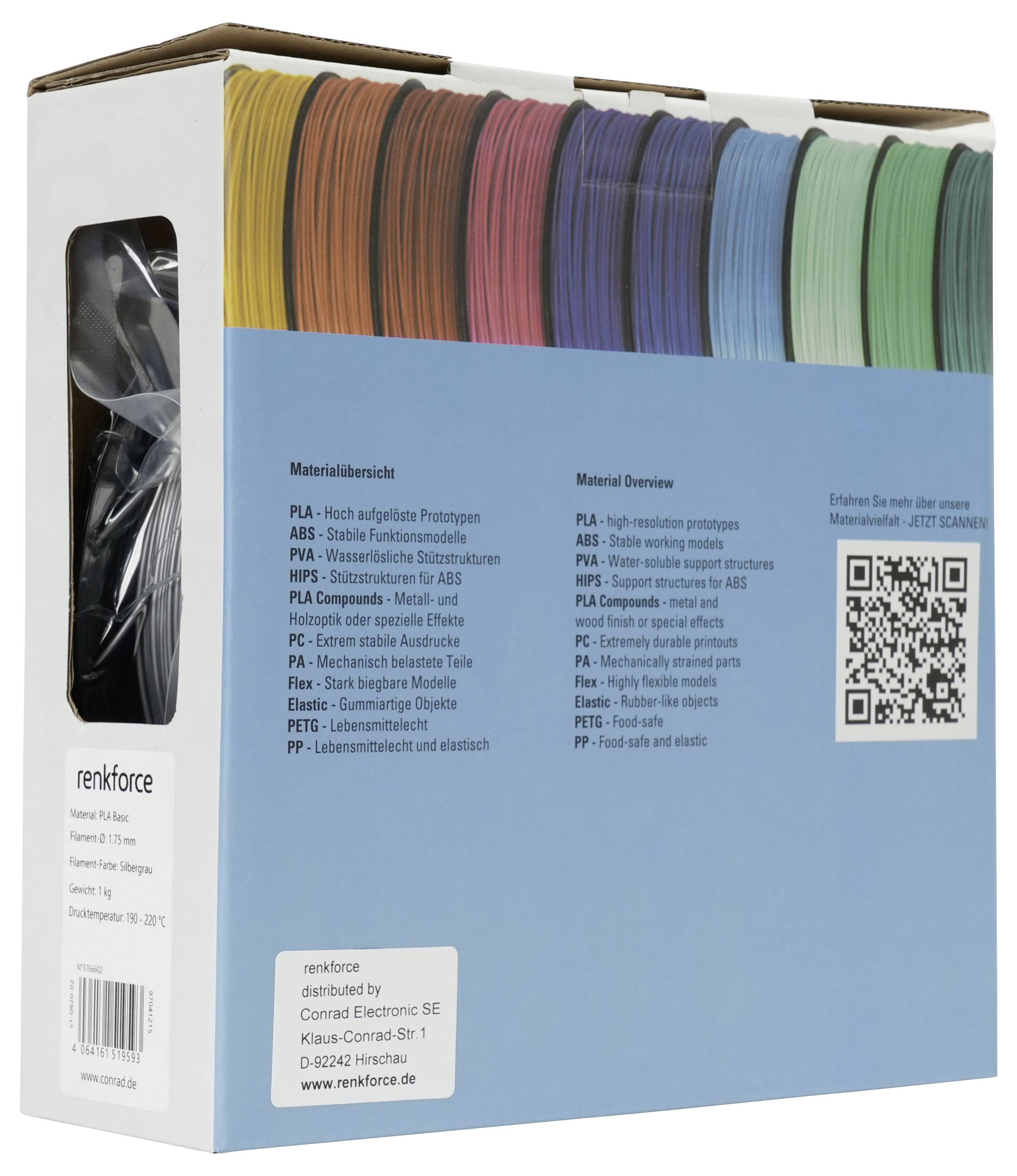Kartonset mit mehrfarbigen 3D-Drucker-Filamentspulen mit einem blauen Frontetikett, das einen Materialübersicht und QR-Code zeigt.