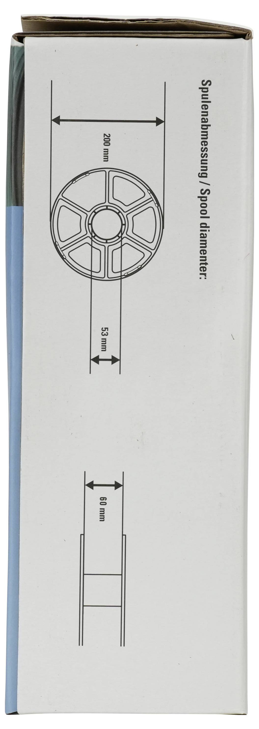 Seitenansicht eines Filamentspulenbox-Diagramms mit der Bezeichnung "Spulenabmessung / Spulendurchmesser", das einen Spulendurchmesser von 200 mm und eine Breite von 63 mm sowie einen Kerndurchmesser von 8 mm zeigt.
