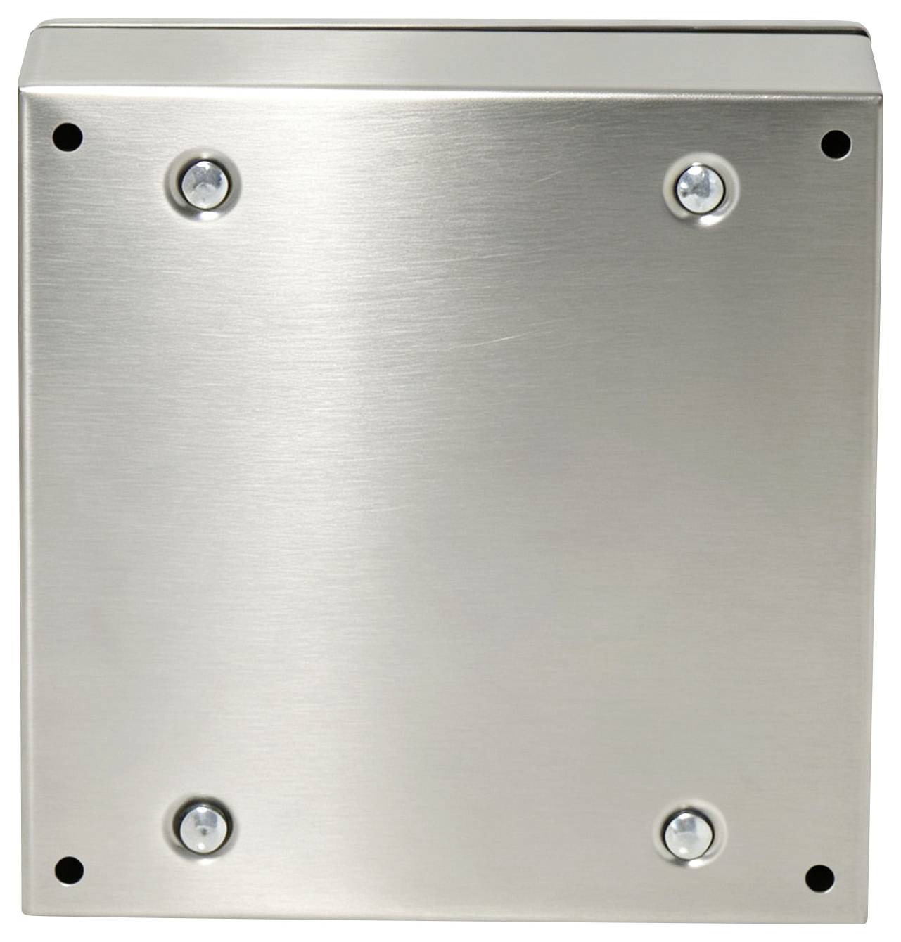 Gebürstete Metallrechteck-Wandplatte mit vier sichtbaren Schrauben und abgerundeten Ecklöchern.