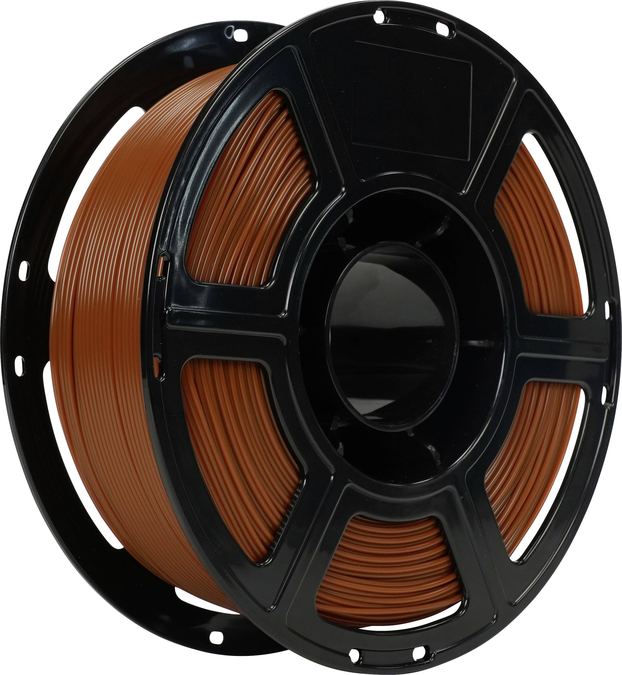 Spule mit orangem 3D-Drucker-Filament auf einer schwarzen Spule vor weißem Hintergrund.