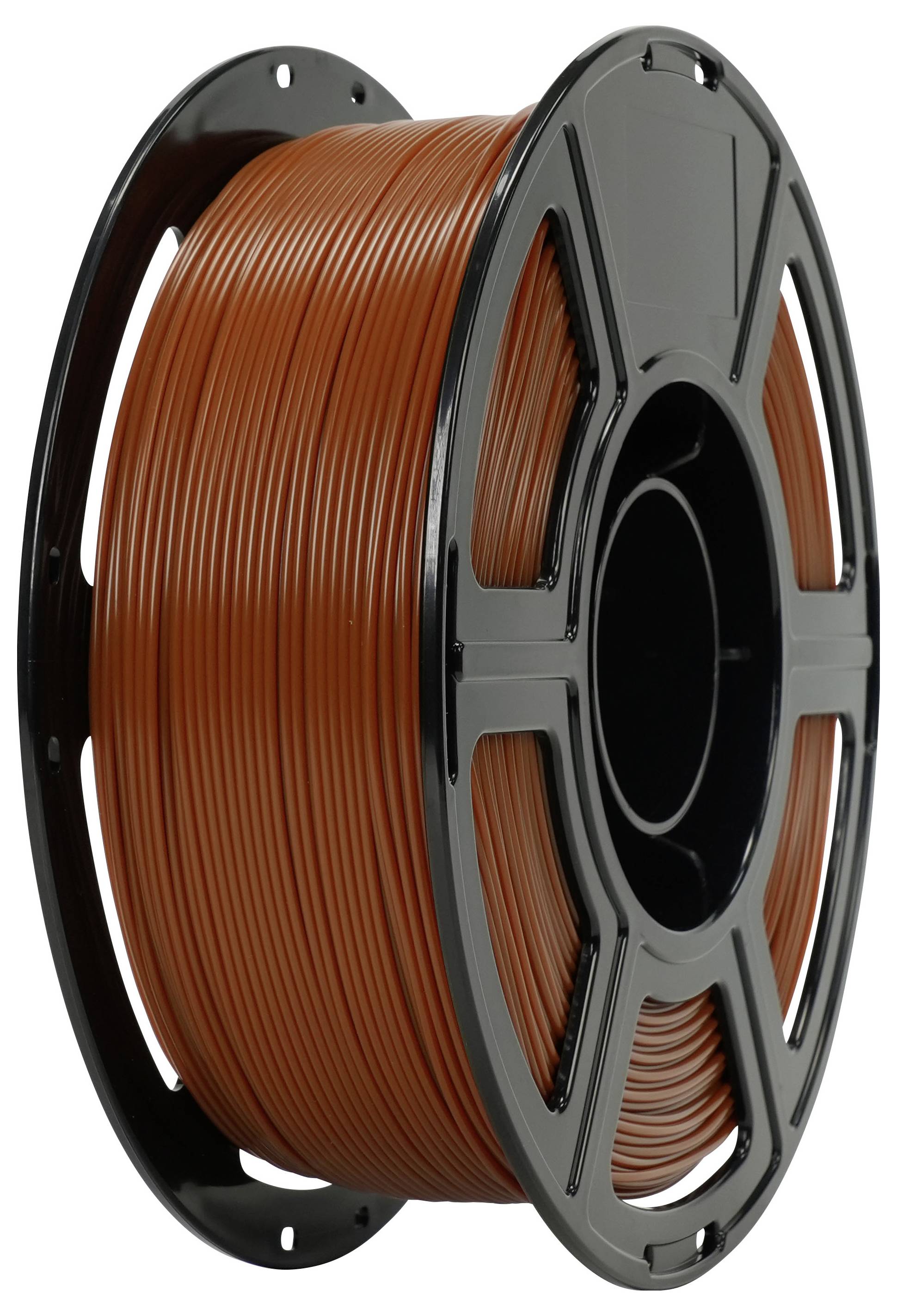 Spule mit orangefarbenem 3D-Druckfilament auf einer schwarzen Spule, vor weißem Hintergrund gezeigt.