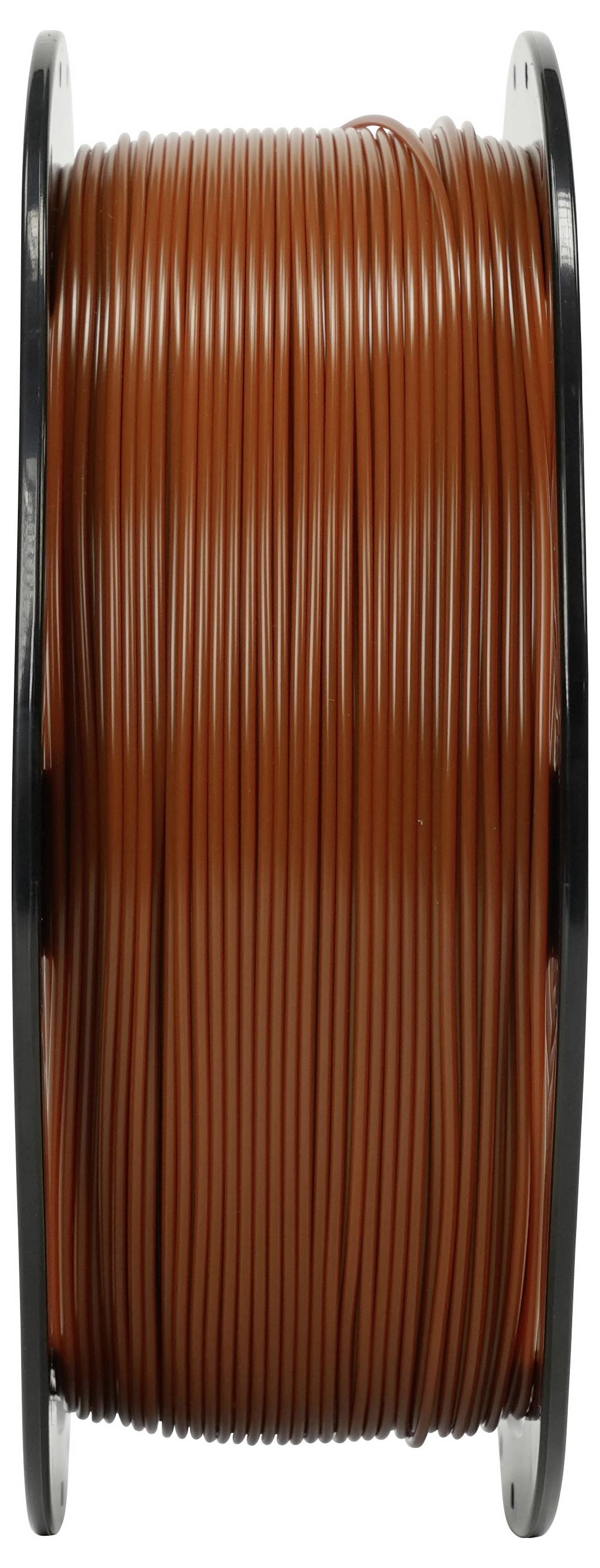 Eine Spule aus orange-braunem Kabel oder Filament, das auf einer schwarzen Spule aufgewickelt ist.