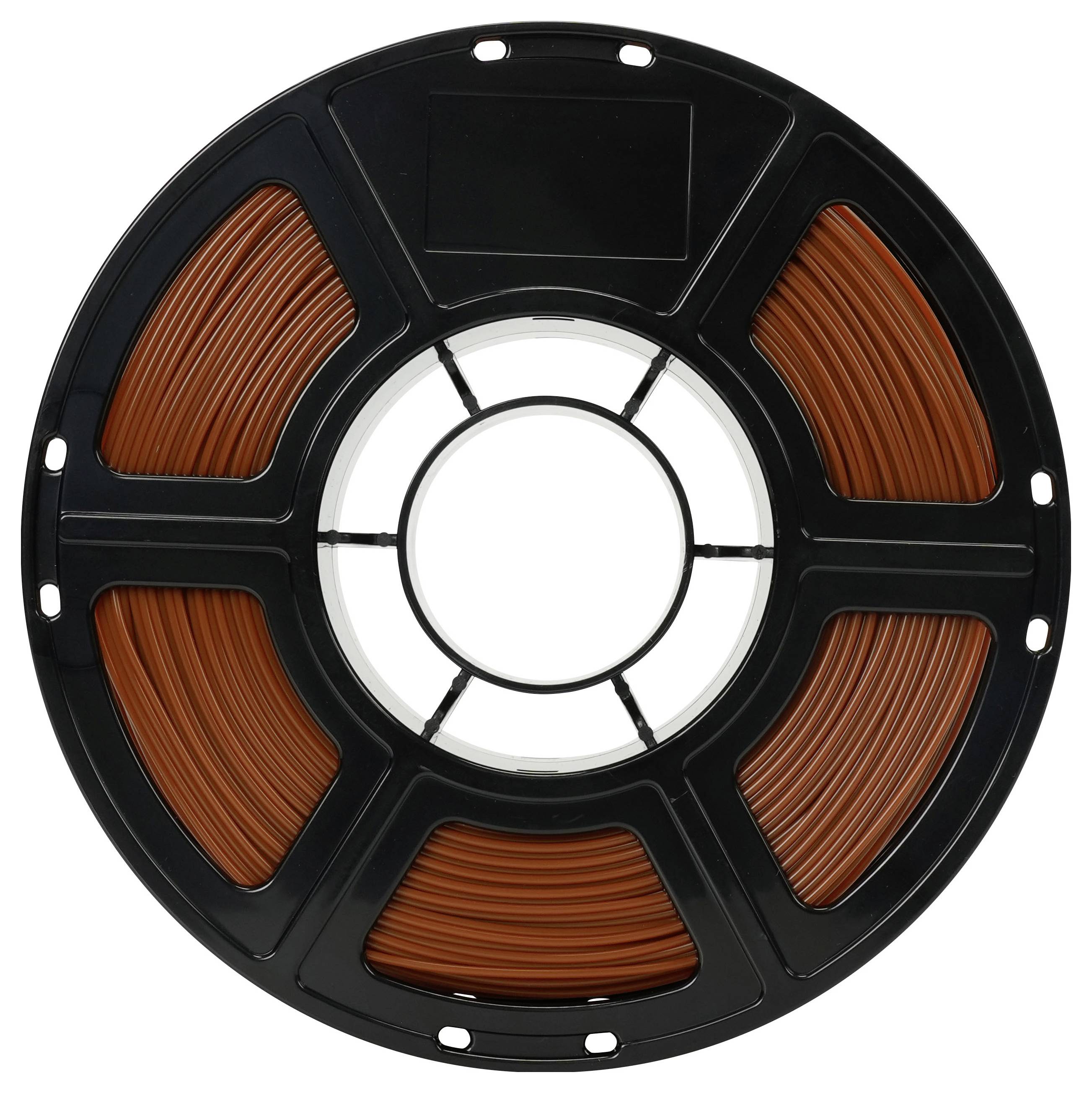 Spule mit orangefarbenem Filament für einen 3D-Drucker, dargestellt als schwarze Spule mit einer zentralen Nabe.