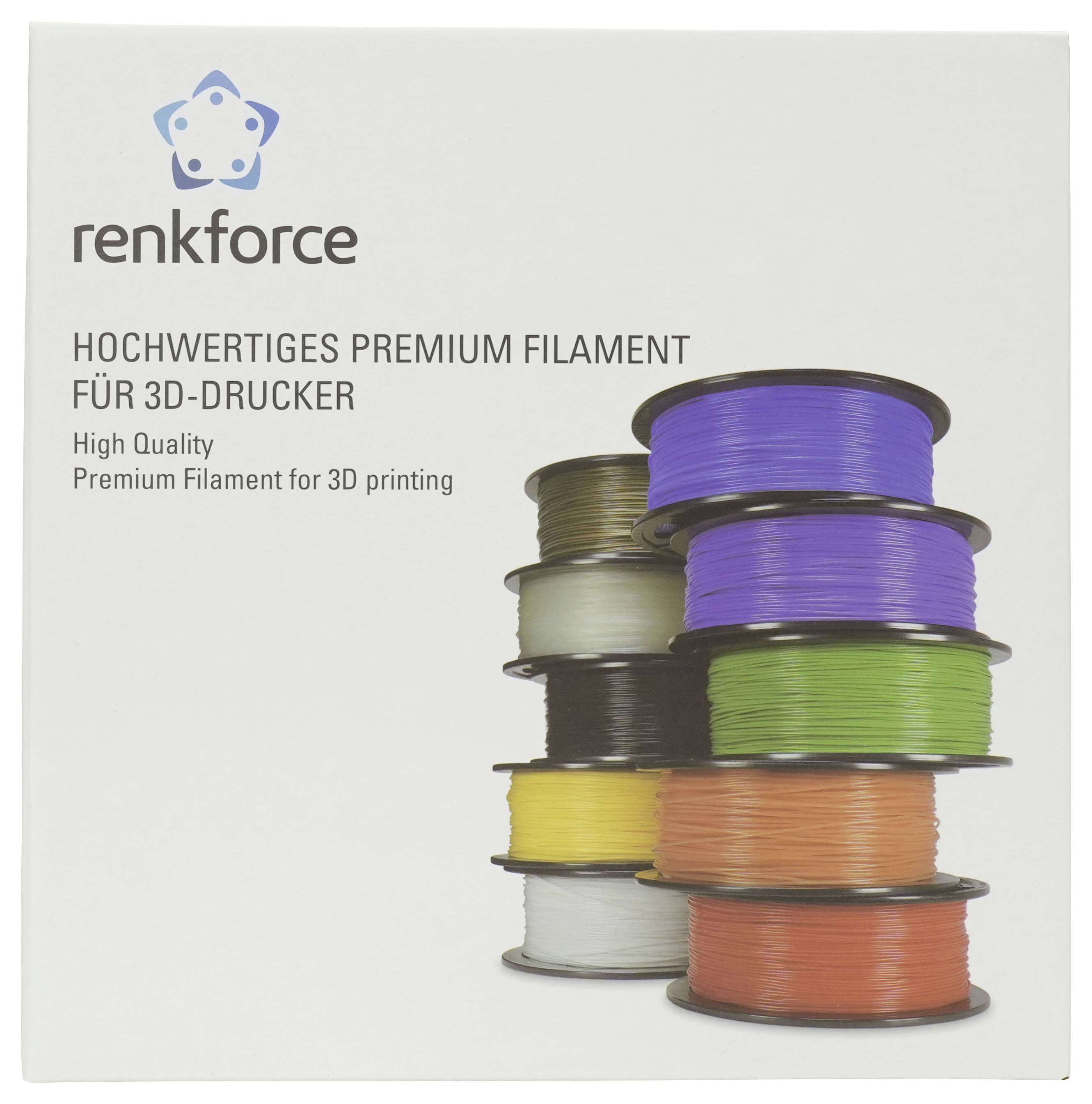Renkforce Premium 3D-Drucker-Filament<br>Verpackung mit gestapelten Spulen aus mehrfarbigem Filament und deutscher/englischer Produkttext.