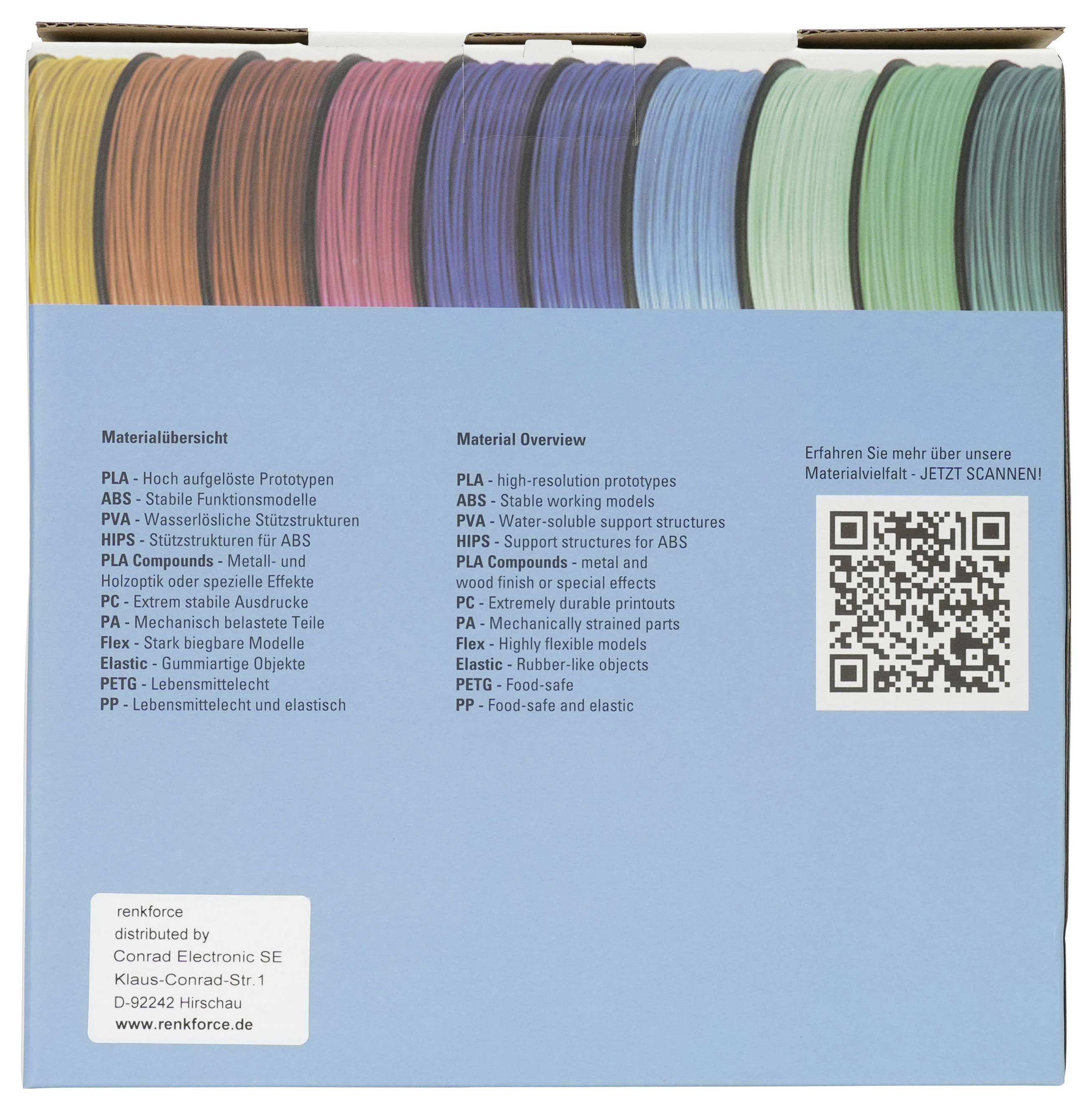Blaue Broschüre mit einer Liste von 3D-Druckmaterialien auf Deutsch und Englisch, mit farbigen Filament-Musterstreifen oben und einem QR-Code für weitere Informationen.