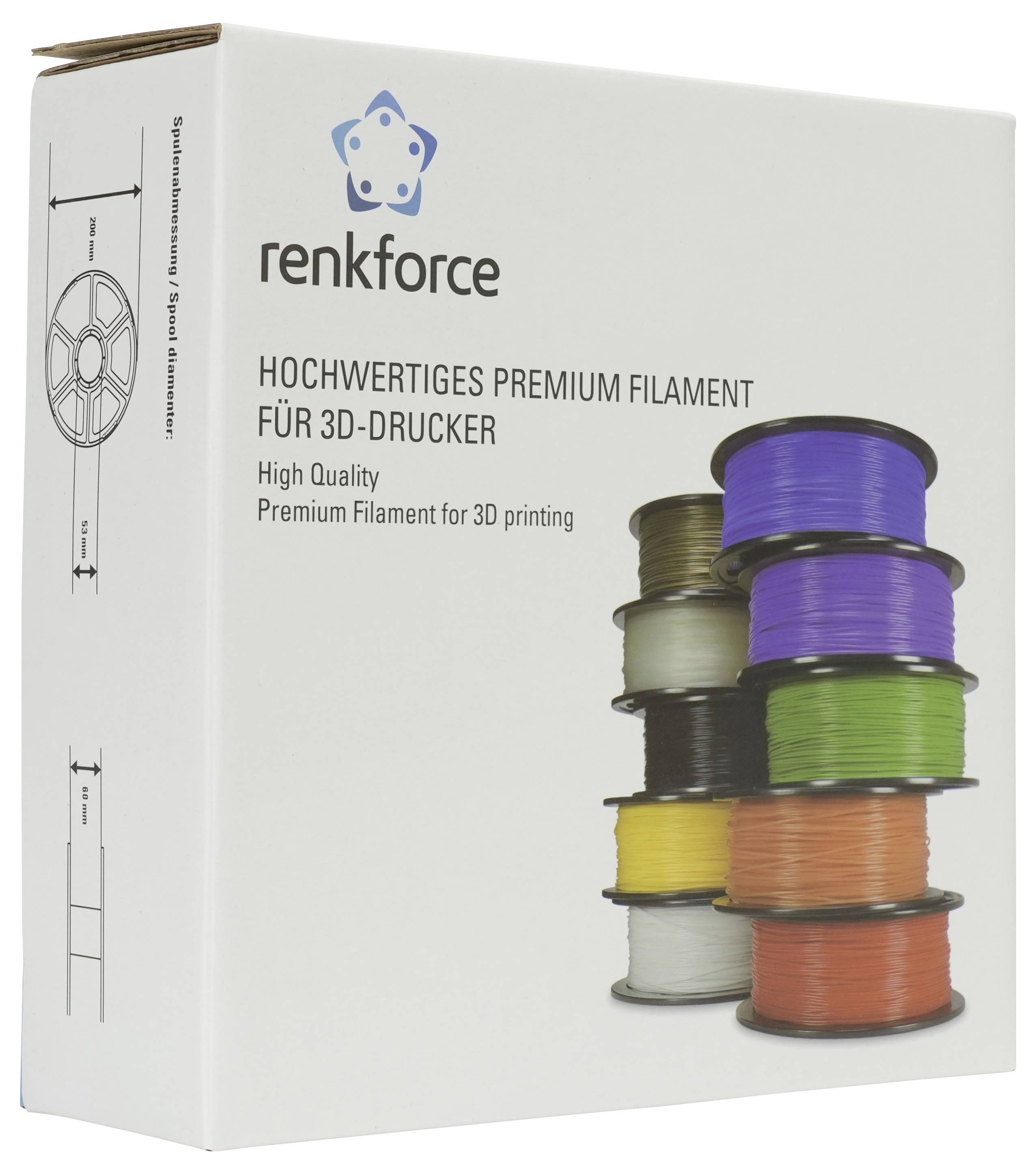 Renkforce Premium-Filament für 3D-Drucker auf einer weißen Produktbox mit gestapelten Spulen in verschiedenen Farben.