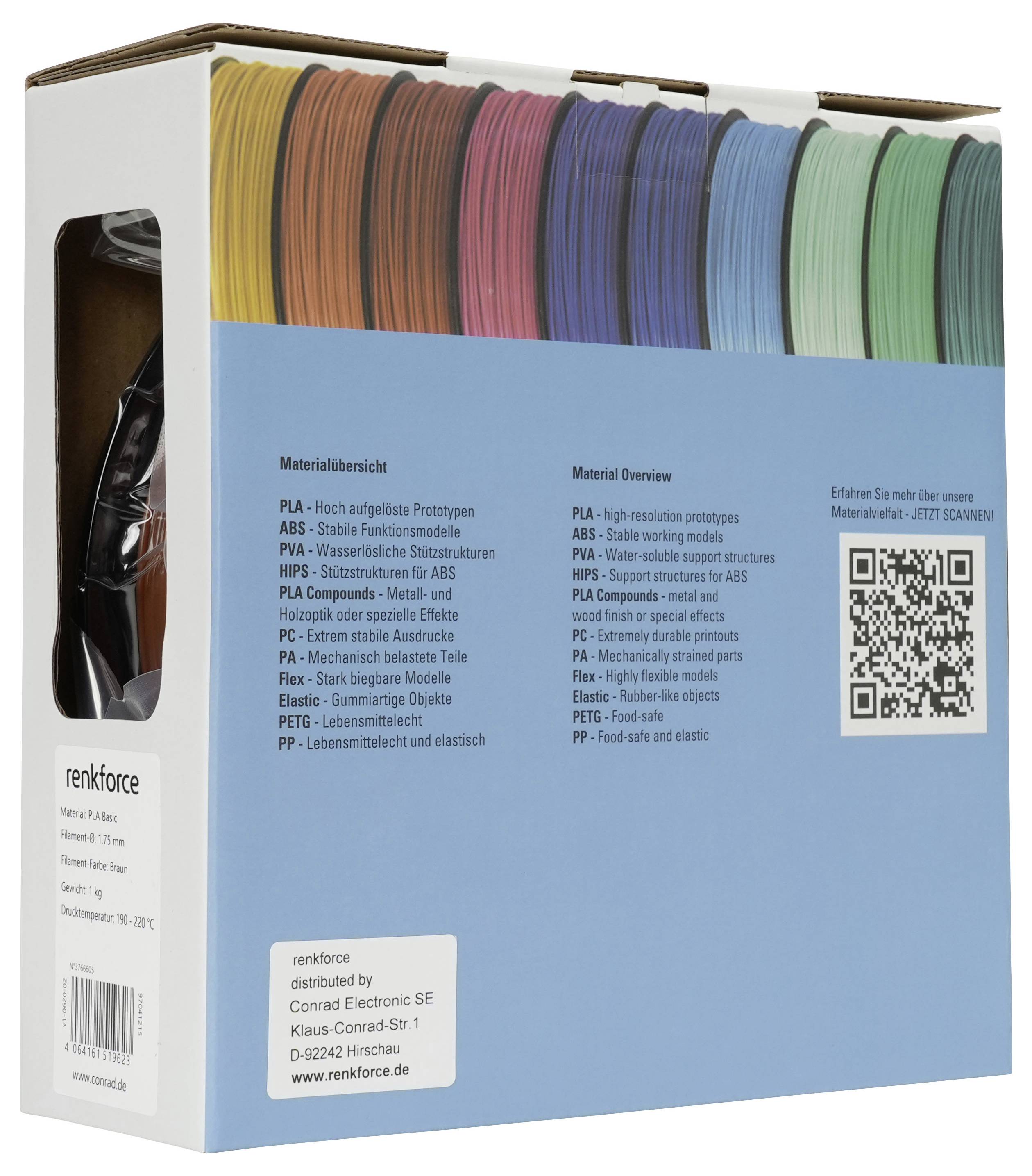 Karton mit Renkforce-3D-Druckfilament mit einem klaren Fenster, blauem Frontetikett mit aufgelisteten Materialtypen und QR-Code.