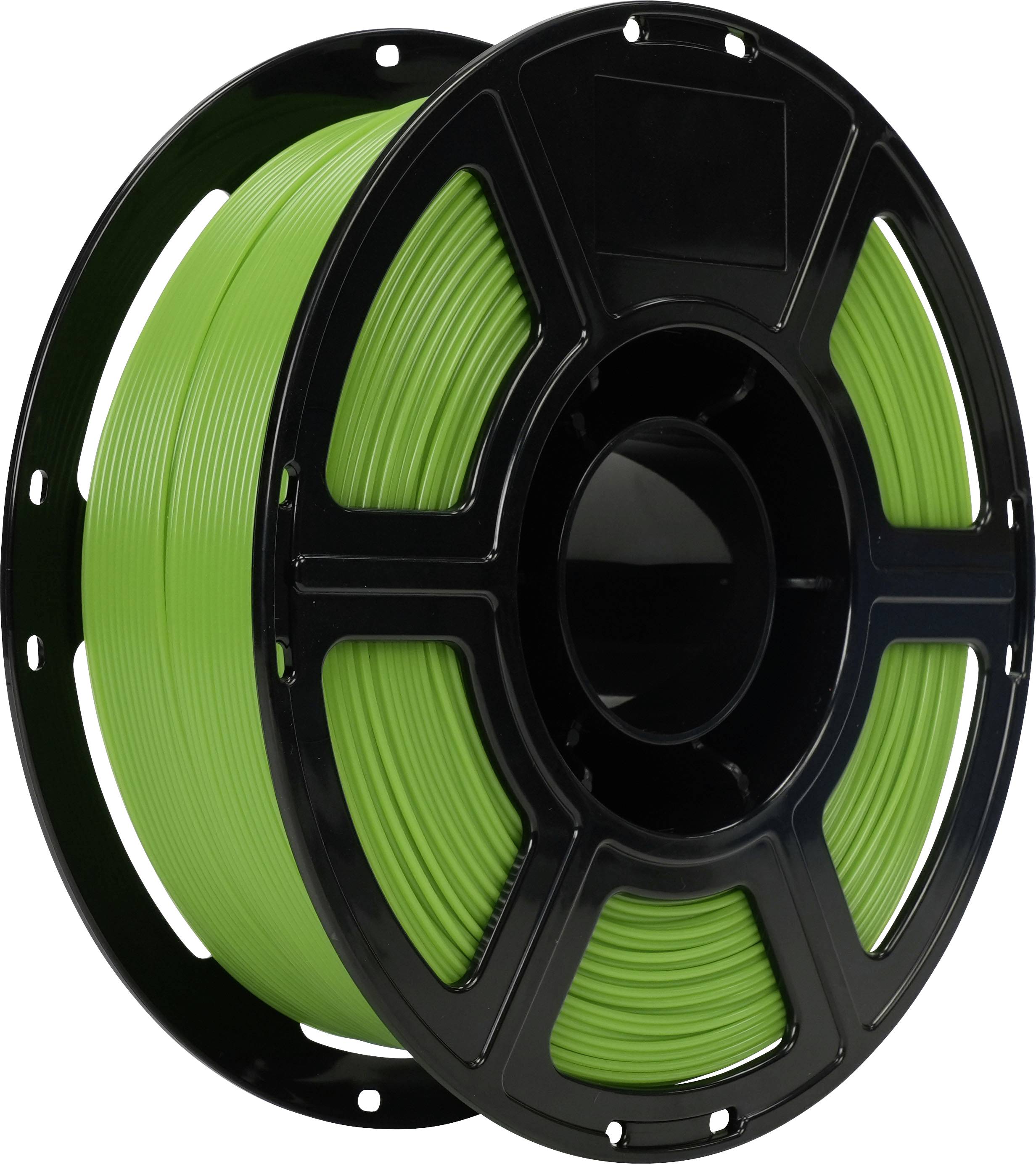 Spule mit grünem 3D-Drucker-Filament auf einer schwarzen Spule, isoliert vor weißem Hintergrund dargestellt.