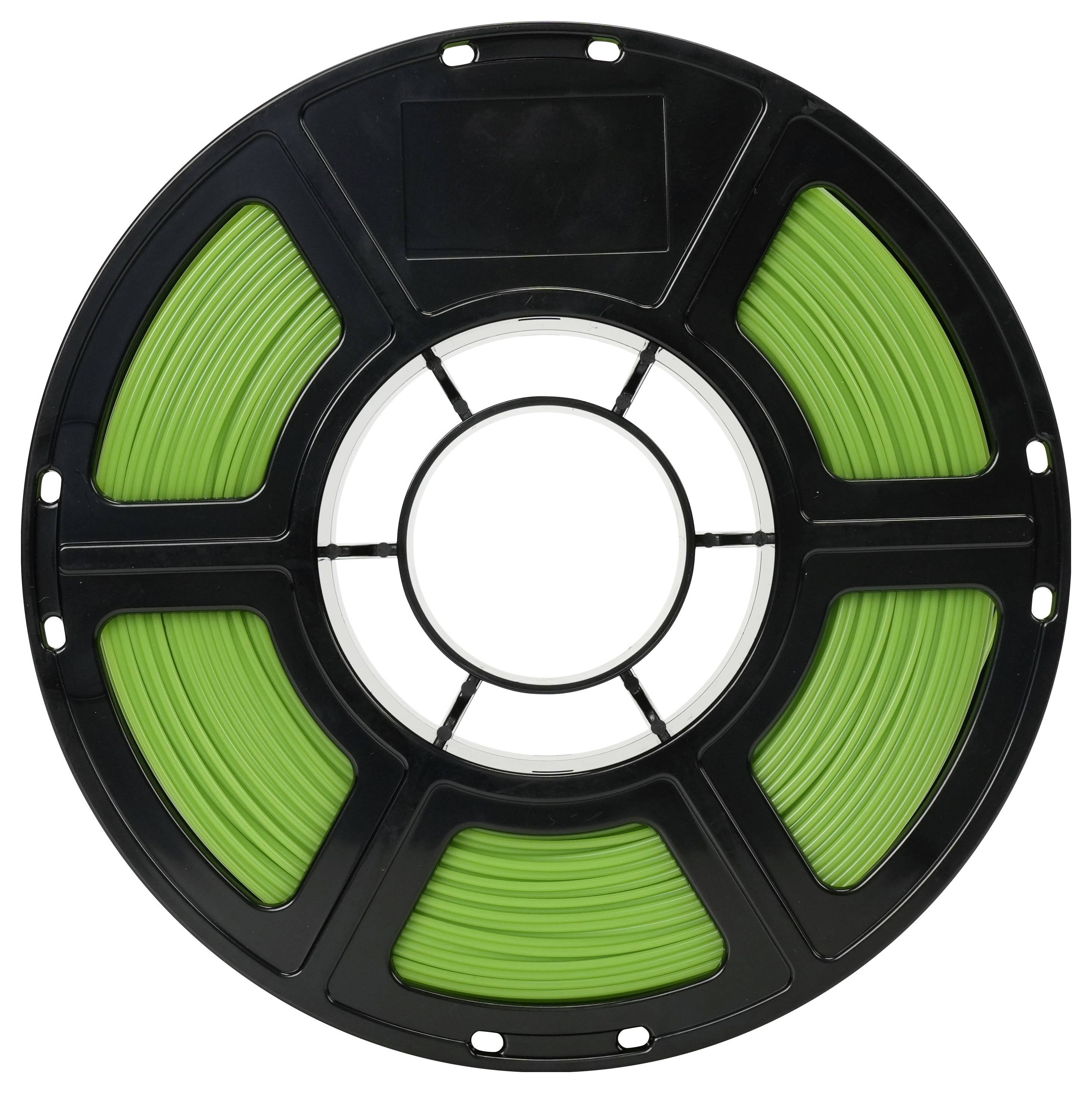 Schwarze Spule mit leuchtend grünem Filament für einen 3D-Drucker, vor weißem Hintergrund dargestellt.