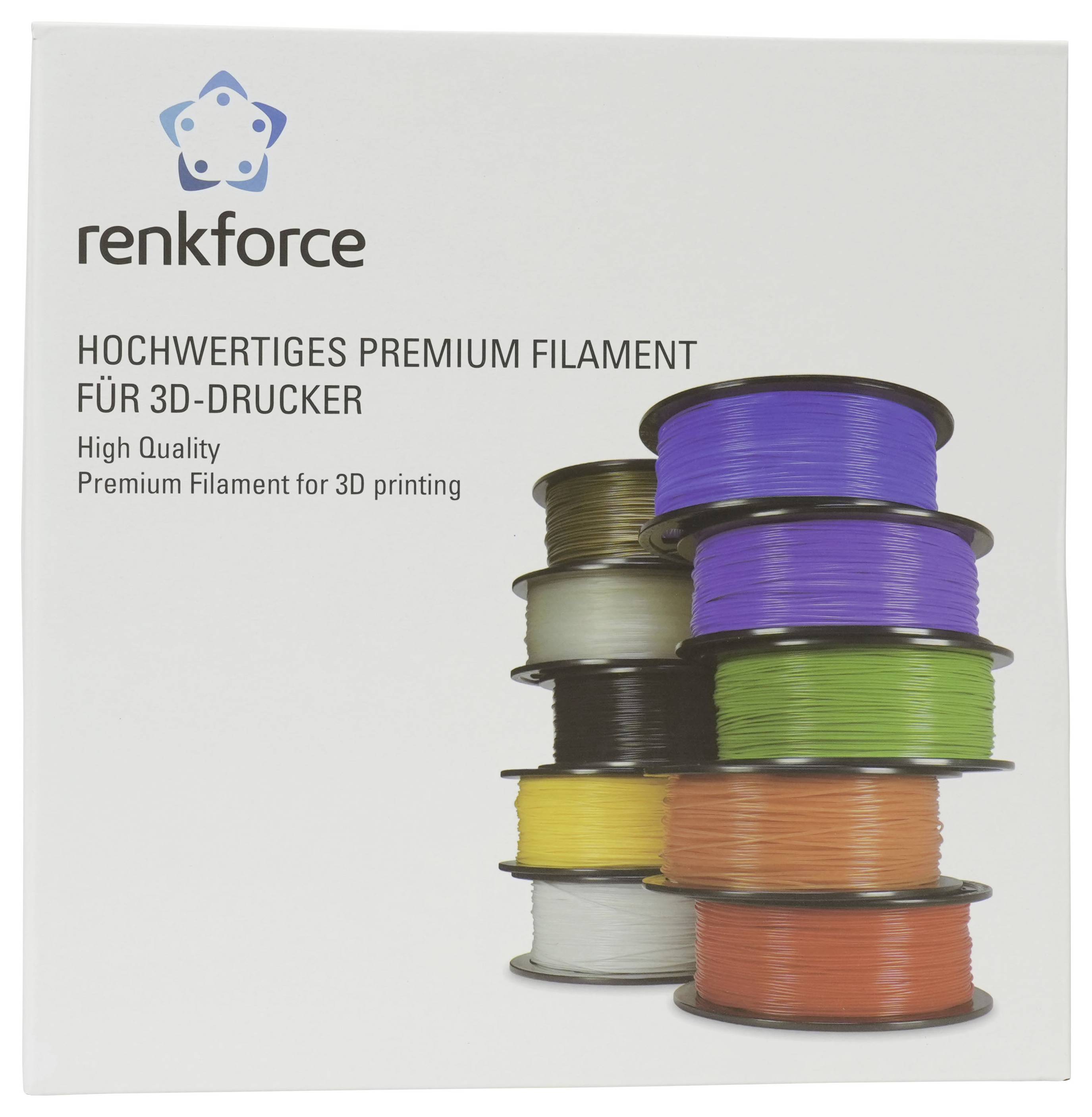 Renkforce Premium 3D-Druckerfilament-Verpackung mit gestapelten Spulen aus farbigem Filament und deutschem Text, der hochwertige Filamente zum 3D-Drucken bewirbt.