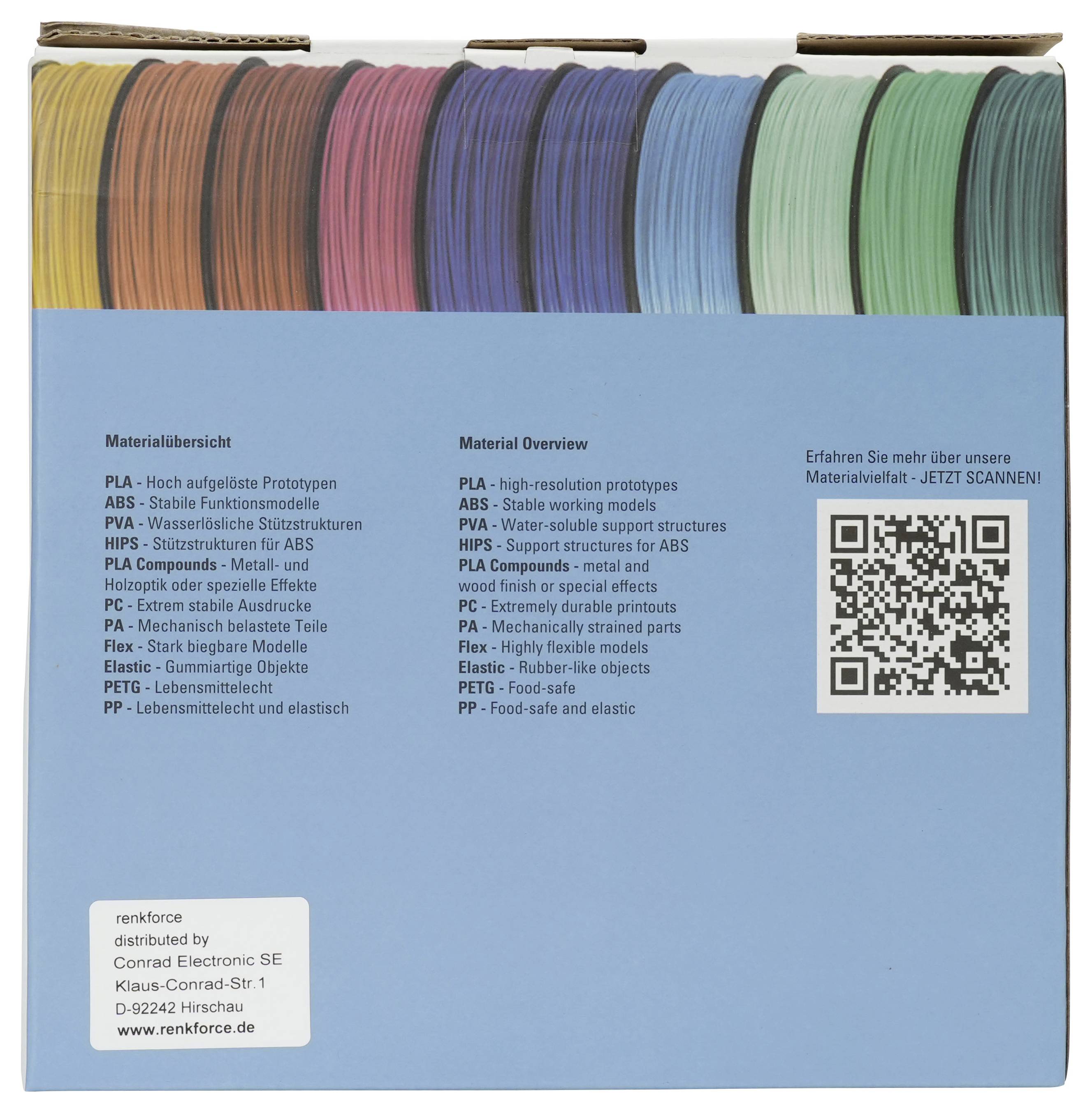 Blaue Broschürencover zeigt mehrfarbige 3D-Drucker-Filamentspulen und eine Materialübersicht auf Deutsch und Englisch, mit einem QR-Code zum Scannen.
