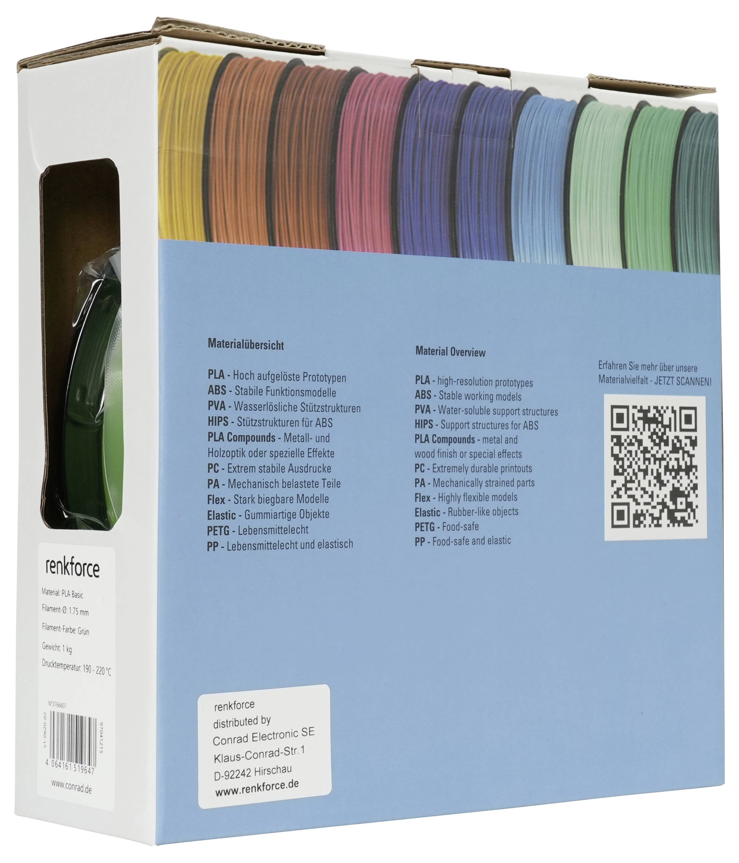 Schachtel mit renkforce 3D-Drucker-Filament-Farbmustern mit mehrfarbigen Mustersteifen, Materialübersichtstext und QR-Code auf der Vorderseite.