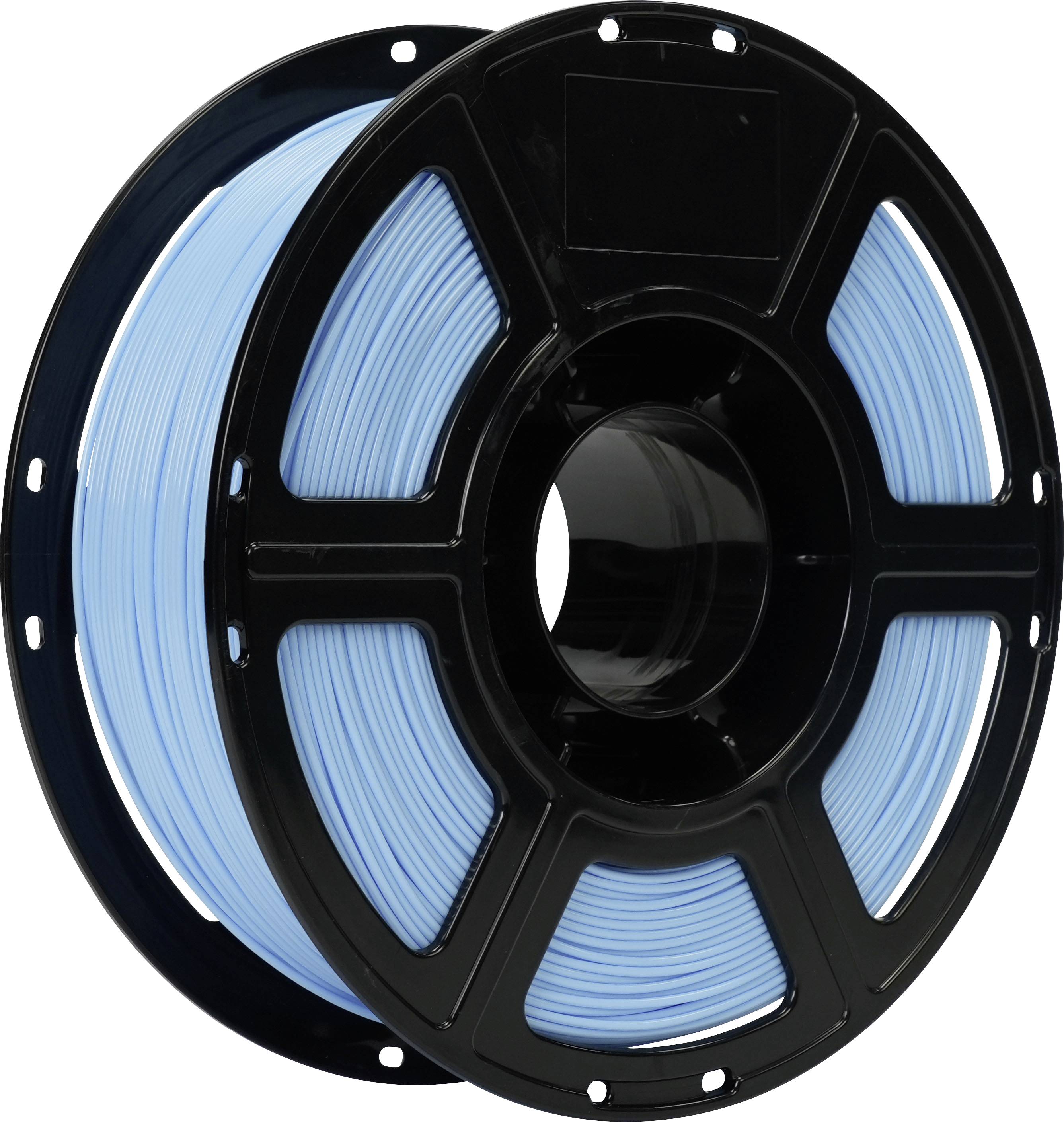 Spule mit hellblauem 3D-Druckfilament auf einer schwarzen Spule, isoliert auf weißem Hintergrund dargestellt.