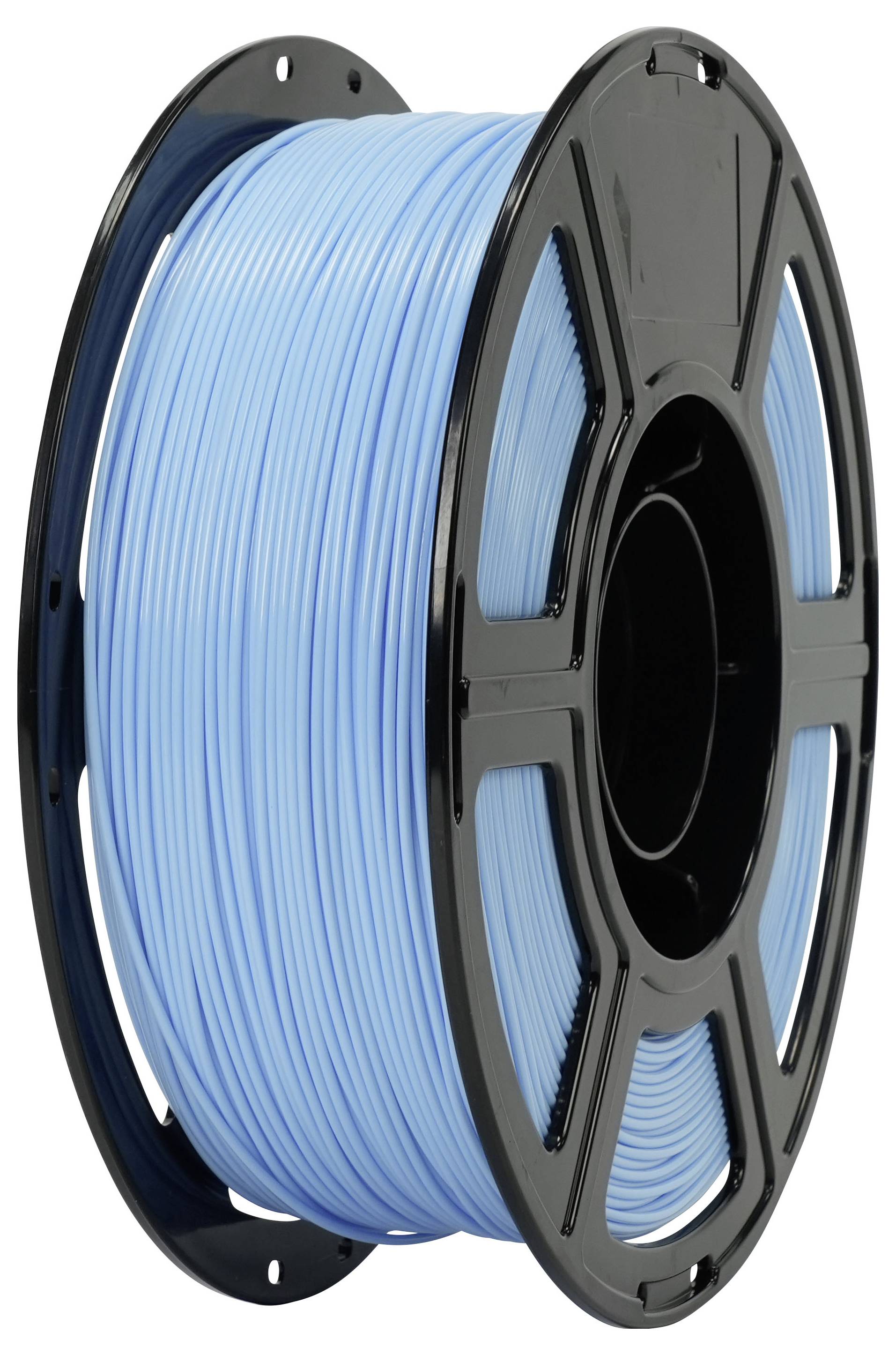 Spule aus hellblauem 3D-Druckfilament auf einer schwarzen Spule vor weißem Hintergrund.