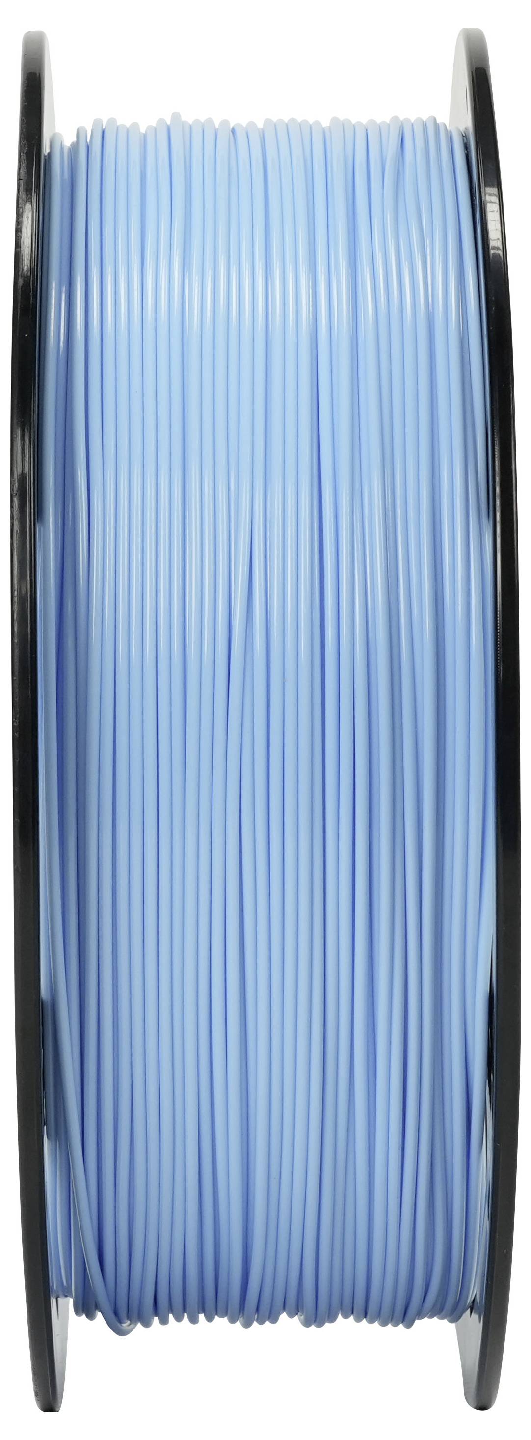 Eine Spule aus blauem 3D-Druckerfaden auf einer schwarzen Spule aufgewickelt, in Seitenansicht vor weißem Hintergrund dargestellt.