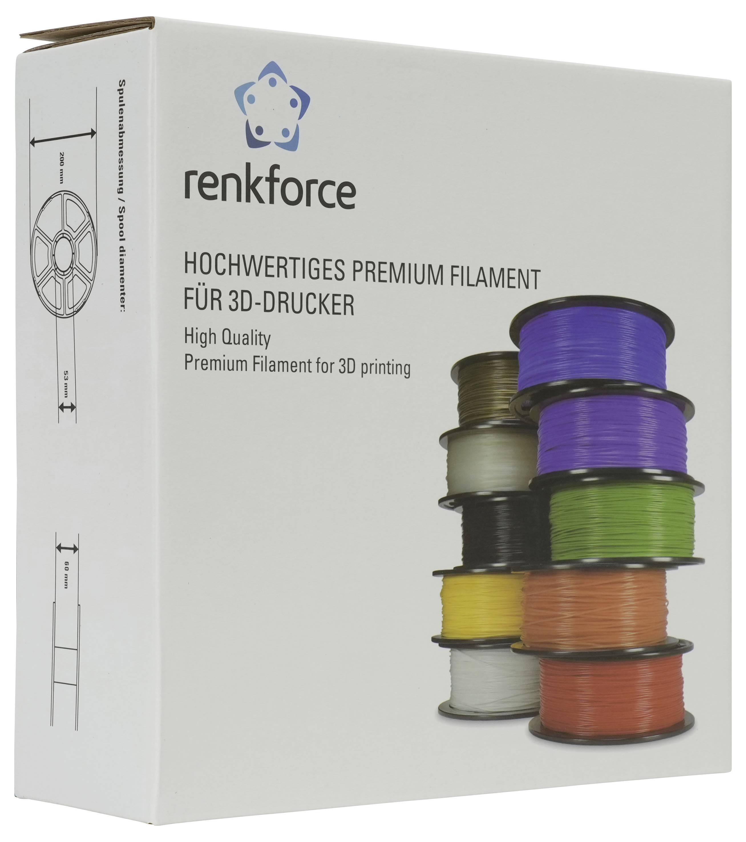 Renkforce Premium 3D-Drucker-Filament-Box mit gestapelten Spulen in mehreren Farben und Text „Hochwertiges Premium Filament für 3D-Drucker".